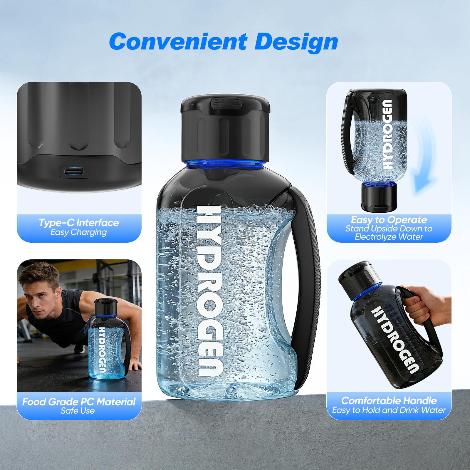 Bouteille d'eau hydrogène, générateur d'hydrogène 3000 PPB, électrolyse rapide à 6 minutes, portable Hydrogen Rich Water Maker avec technologie à 4 couches de membrane, sans BPA, 1200 ml pour