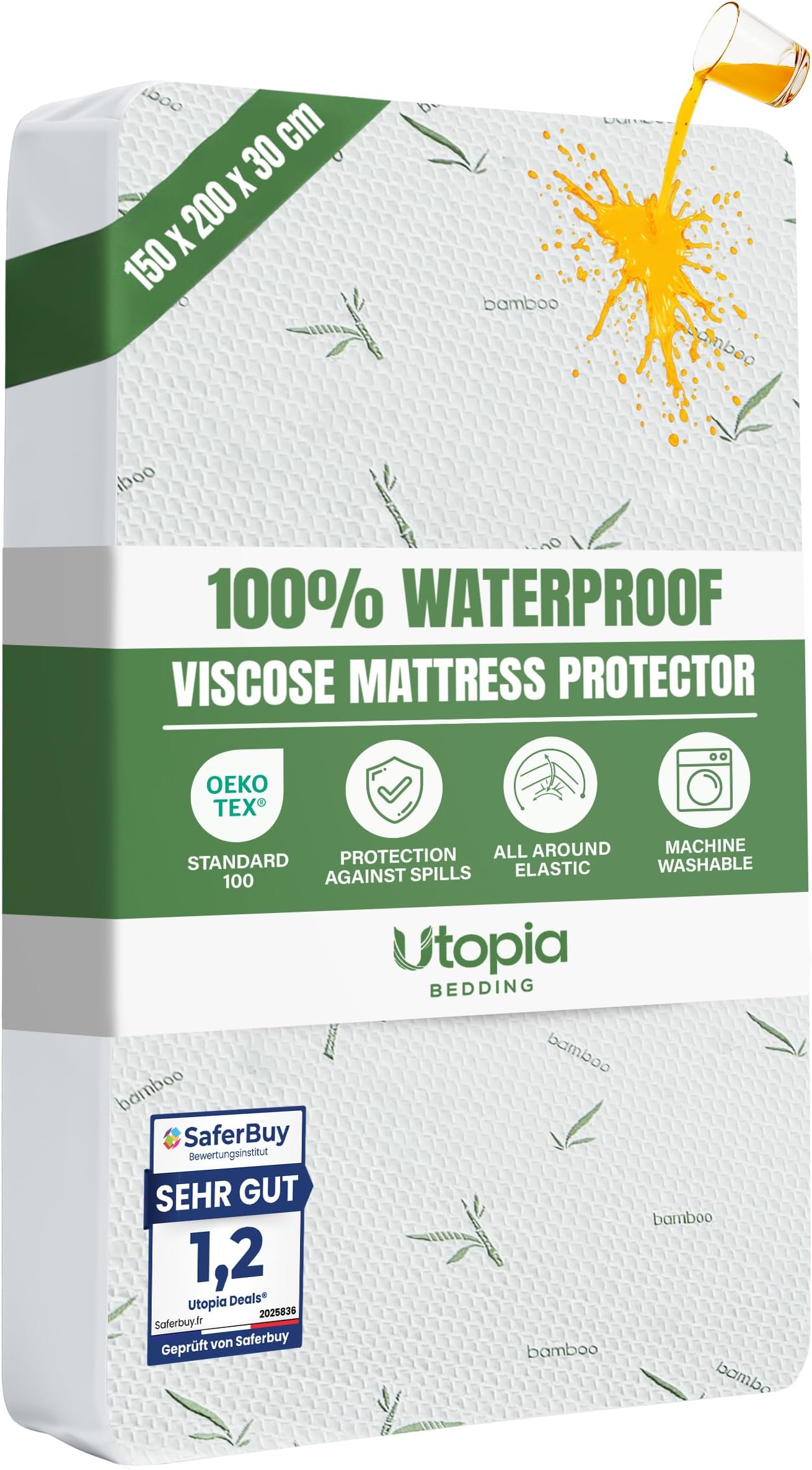 Waterproof Viscose Mattress Protector, King Bed Size 150 x 200 x 30 cm, Premium Viscose Mattress Cover, OEKO-Tex Certified, Breathable and Machine Washable