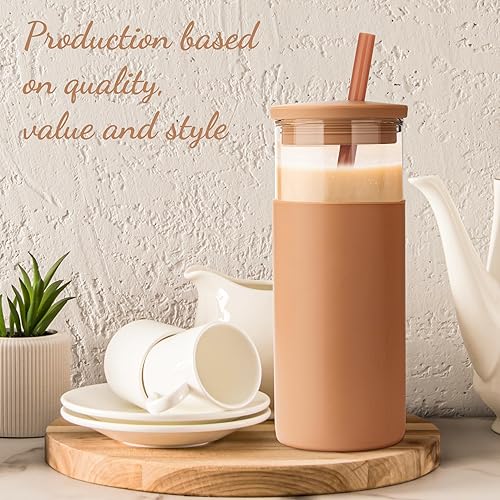 Miniatura 6 de Tronco Vaso de vidrio de 20 onzas con tapas y pajitas, vasos reutilizables para batidos con tapa de silicona, taza de café helado con funda