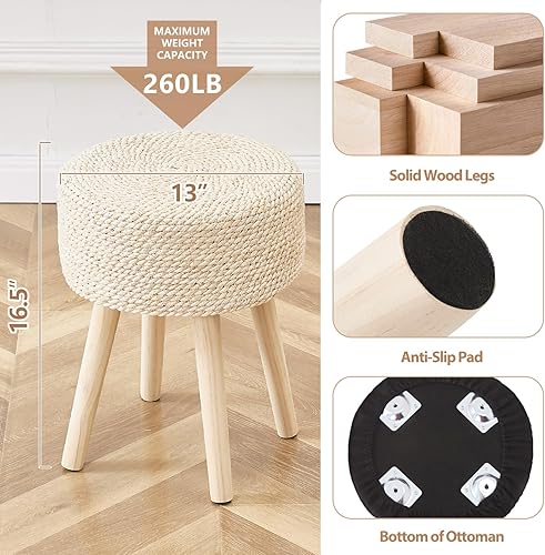 Miniatura 35 de Cpintltr Reposapiés redondo otomano natural de algas marinas con patas de madera maciza, reposapiés de jacinto tejido a mano, taburete para sala de