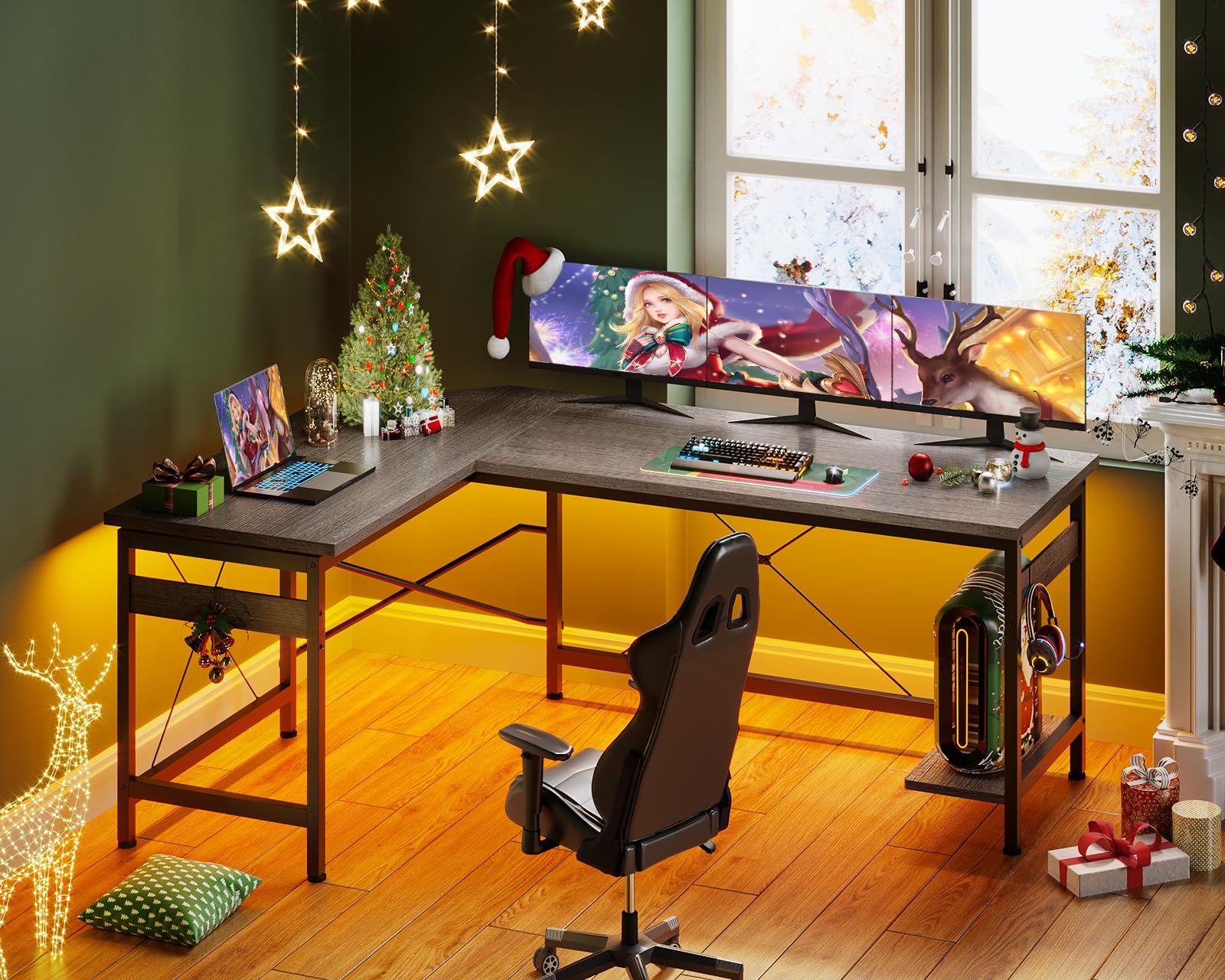 Coleshome 59" L Shaped Gaming Desk, Corner Computer Desk, Sturdy Home Office Computer Table, Writing Desk, Larger Gaming Desk Workstation, Grey Oak