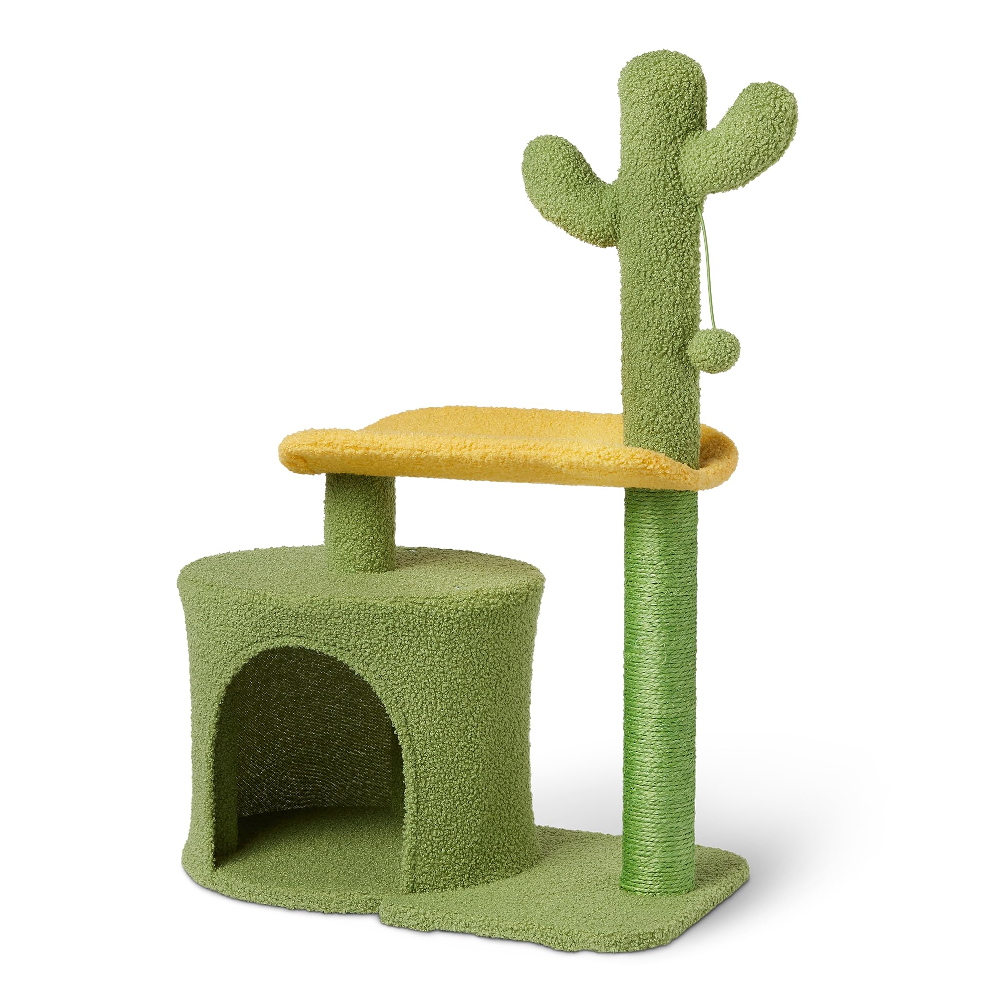 Amazon Basics Cactus Cat Tree for Indoors Cats& Kittens, Scratching Post with Curved Perch and Cozy Cat Condo, Interactive Dangling Ball,30.7” (77.9cm) H, Green