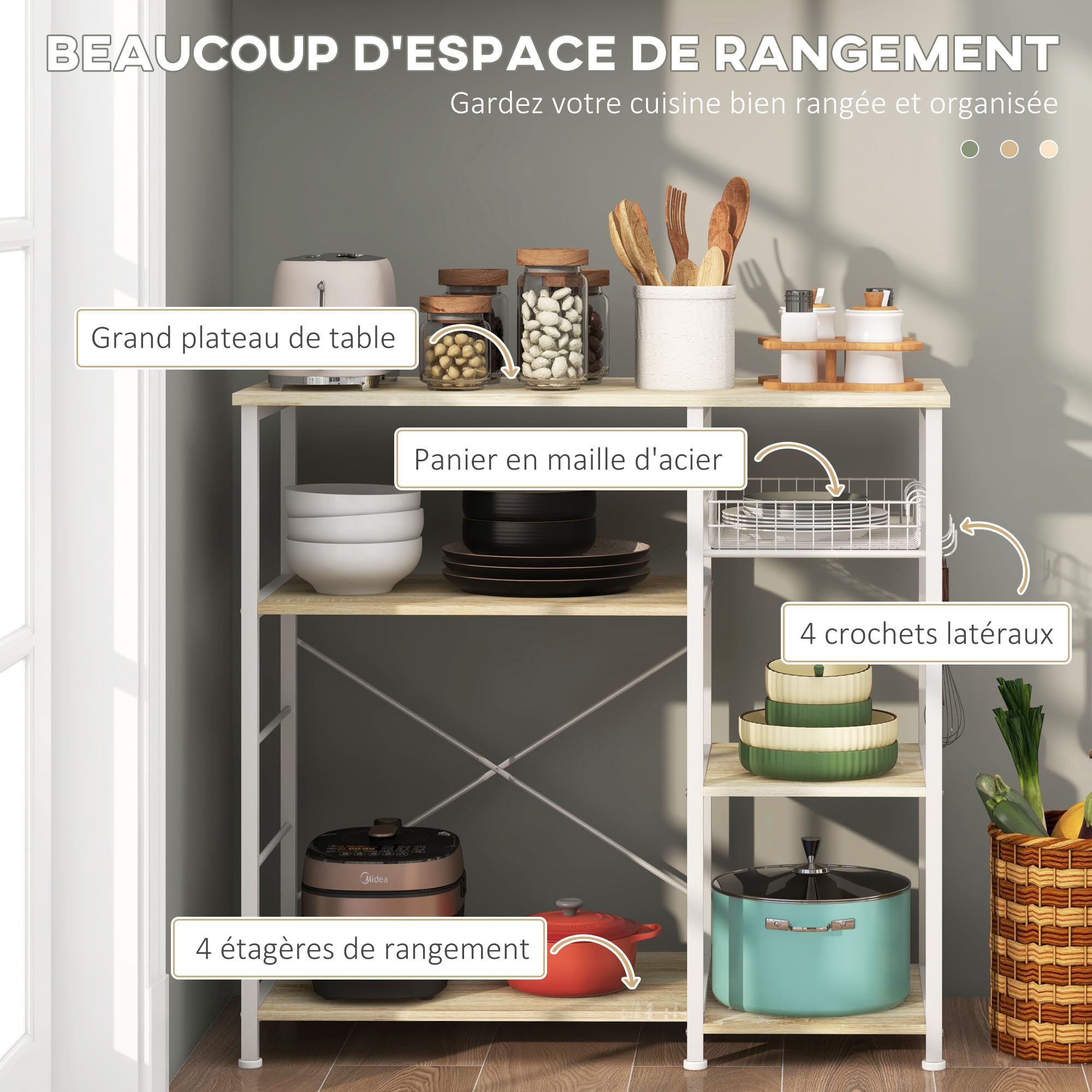 HOMCOM Estantería de Cocina Moderna Estante de Cocina con 1 Cesta 4 Ganchos en S 6 Almohadillas de Pie Ajustables y Estantes 90x40x84,5 cm Roble y Blanco