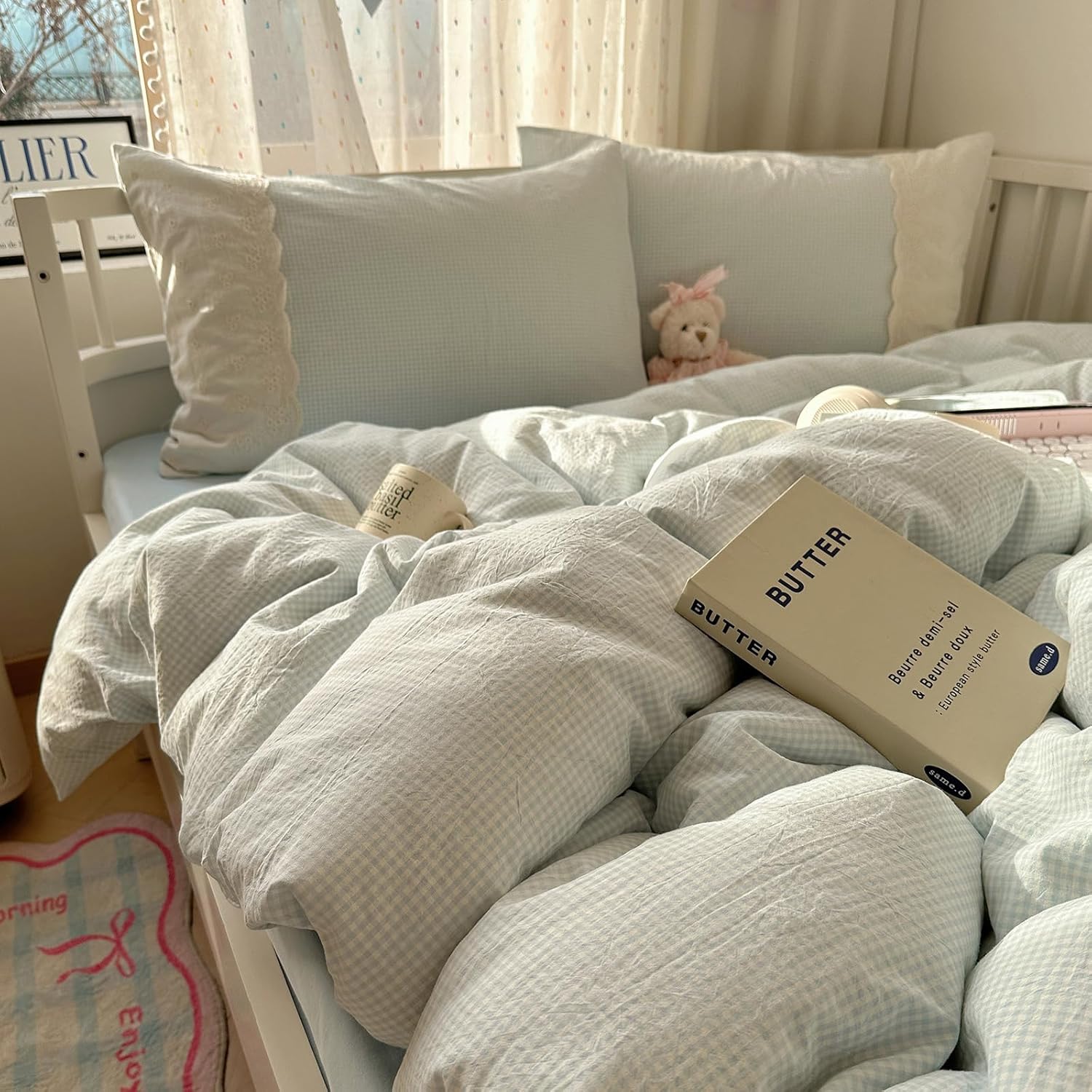 mixinni Blue Gingham Duvet Cover King Size - 3 Piece Cottagecore Plaid Bedding Set with Lace Trim, Soft Washed Microfiber Vintage Aesthetic Grid Comforter Cover & Pillow Shams, (Blue White Gingham)