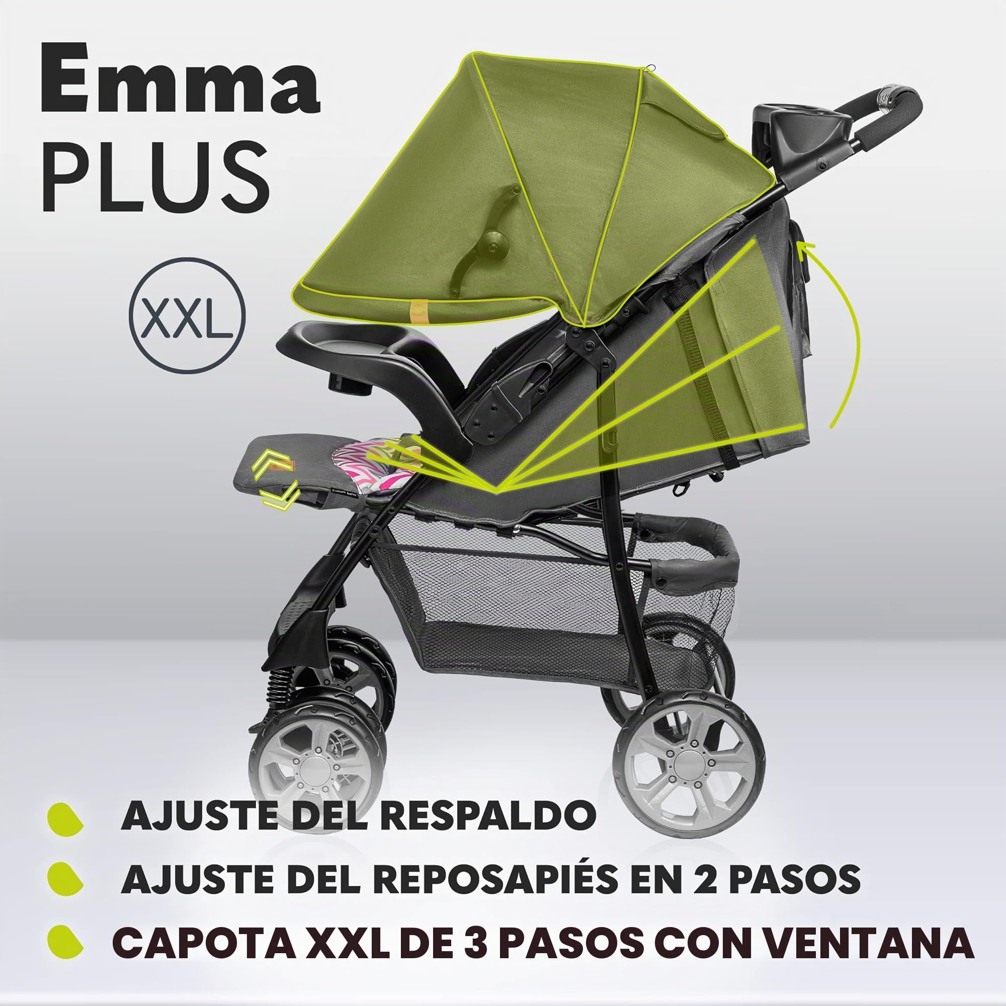 LIONELO Emma Plus Silla de paseo hasta 15 kg 6-36M Respaldo ajustable Cinturón de seguridad de 5 puntos Capucha profunda Organizador para padres
