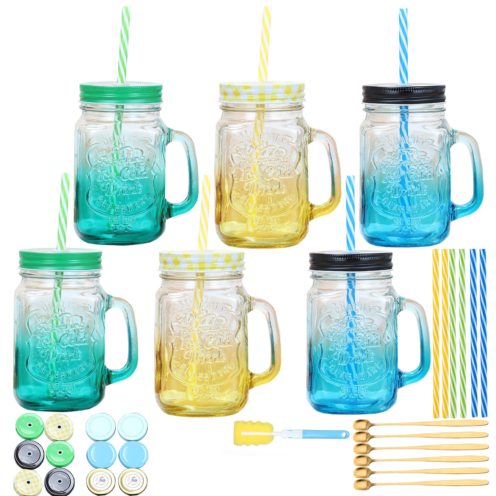 Mason Jars，Colored Mason Jars， 6 PCS Regular Mouth Drinking Jars with Lids ，6PCS Straws,6PCS Metal spoon， 6 Straws ，Send6 Non-Pores Covers（Yellow， Blue ，Green）t