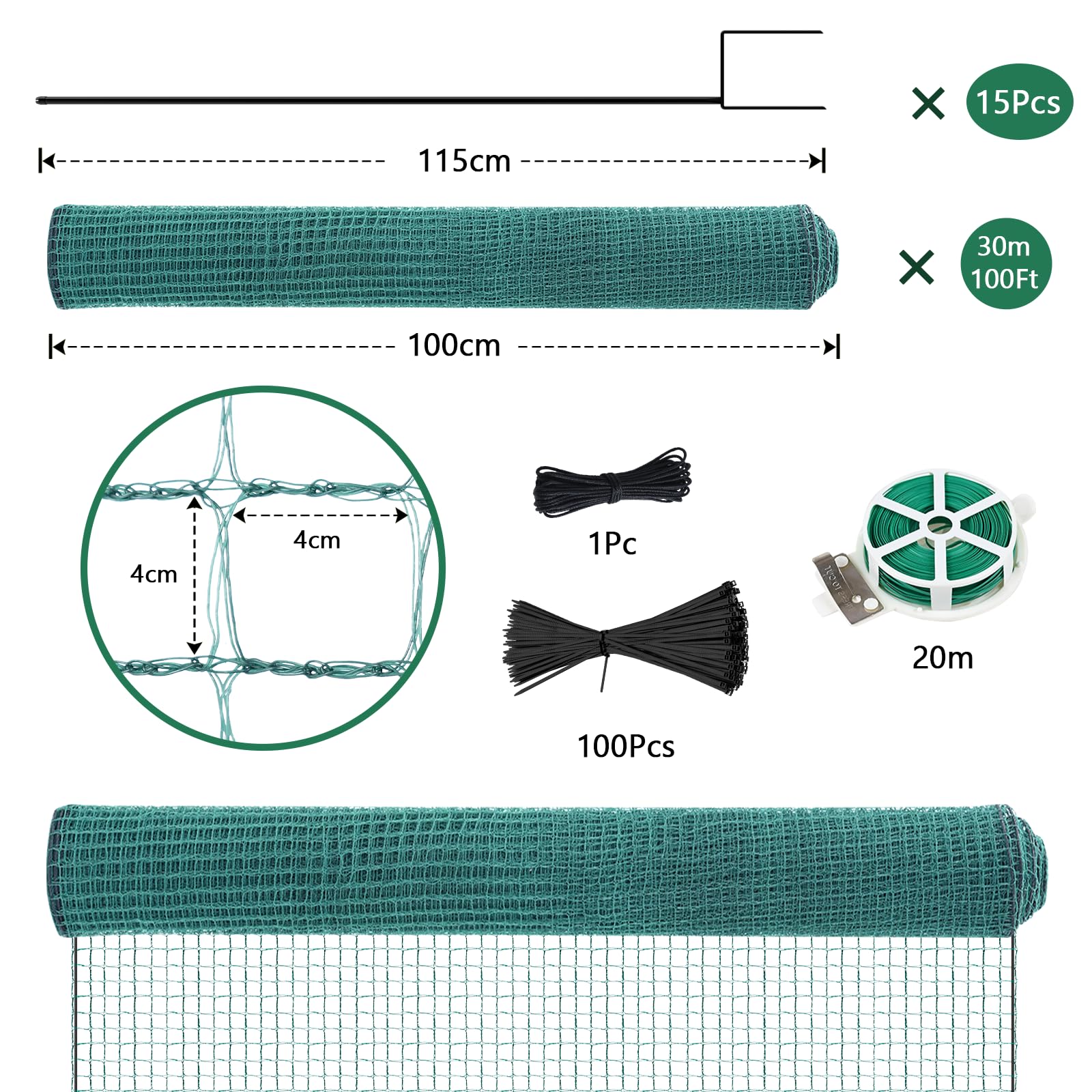 SUNYRISY Hühnerzaun Geflügelnetz Gartenzaun, 30m L x 100cm H Maschendrahtzaun Mobiler Hundezaun Camping Weidezaun Steckzaun Begrenzungszaun Zchafzaun Fence für Garten, Nylon Material