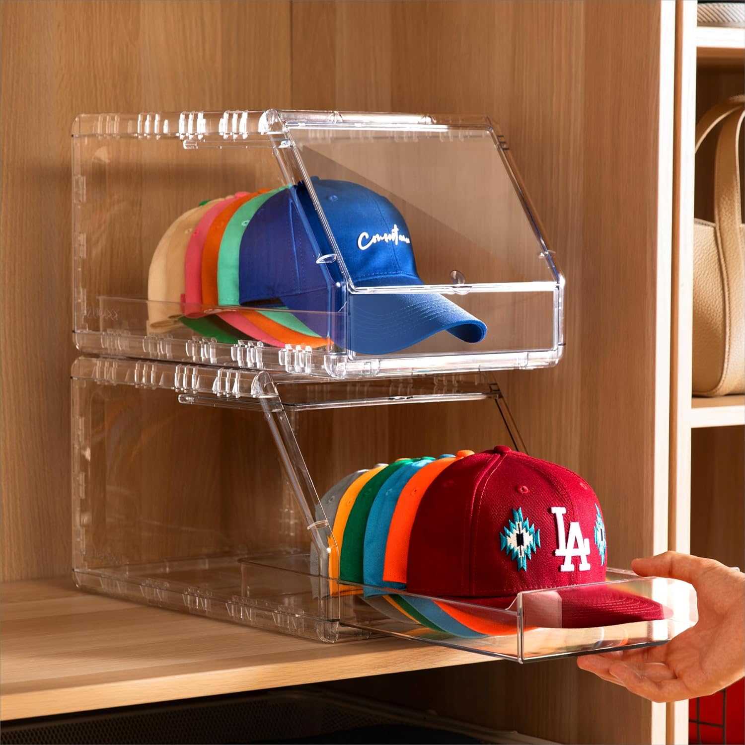 2 Pack Hat Organizer for Baseball Caps – Stackable Clear Display Box with Sliding Drawer, Holds 15 Baseball Caps, Closet and Shelf Organizer for Hats, Transparent Display with Anti-Slip Feet