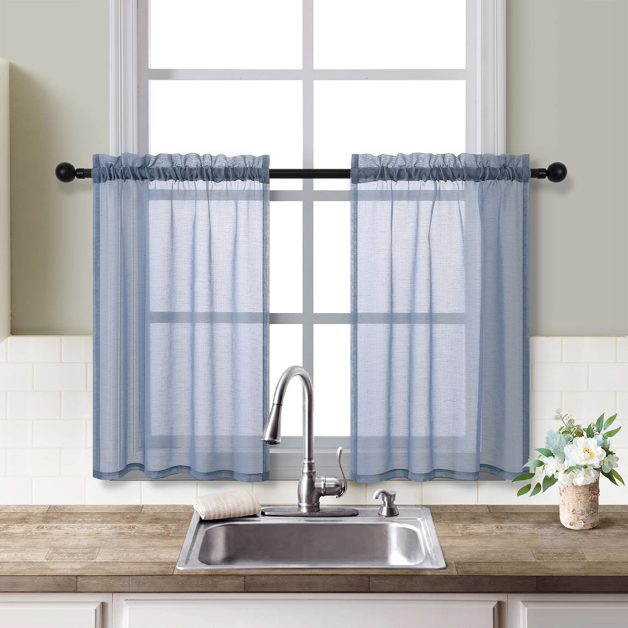 Dusty Blue Short Curtains 30 Inch Length 2 Panels Rod Pocket Short Half Window Semi Sheer Linen Look RV Camper Cafe Cabinet Curtain Tiers for Loft Bathroom Small Windows 30x30 Square Gray Grey Blue