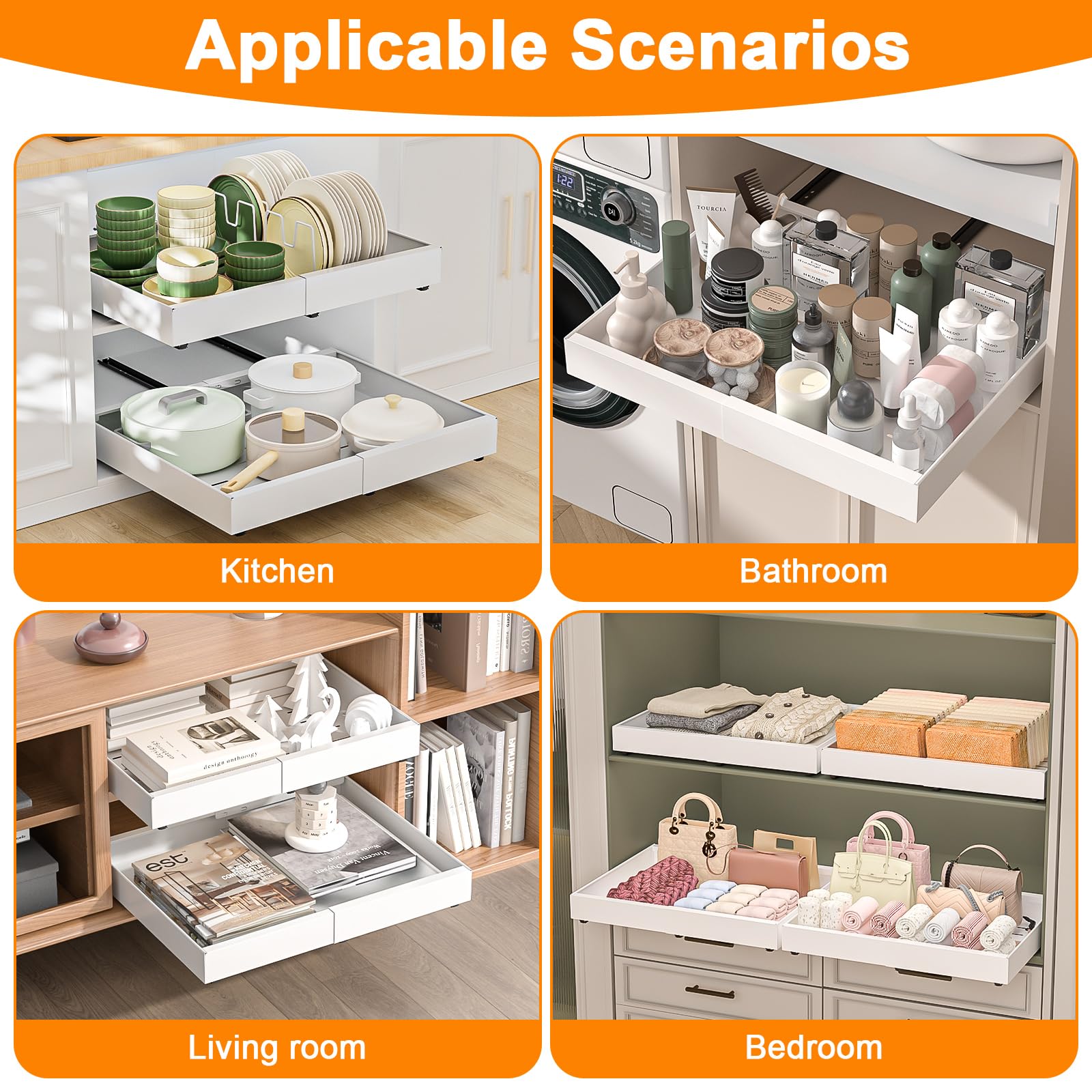 Diealles Shine Teleskopschublade, 2 Stück Einstellbare Breite 31-52CM Ausziehbare Schublade Küche, Ohne Bohren Küchenschrank Organizer Ausziehbar für Kitchen