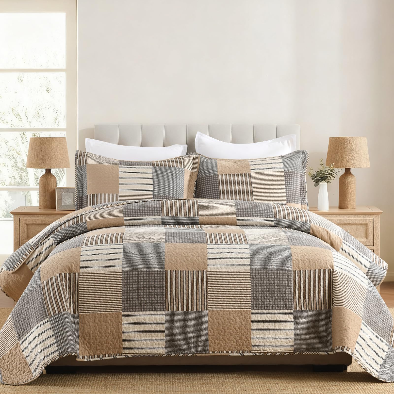 SOElinens Quilts King Size - Plaid Design Rustic Cabin Quilt Set with Matching Shams, 3 Pieces 100% Cotton Lightweight Bedspread Coverlet for King Bed