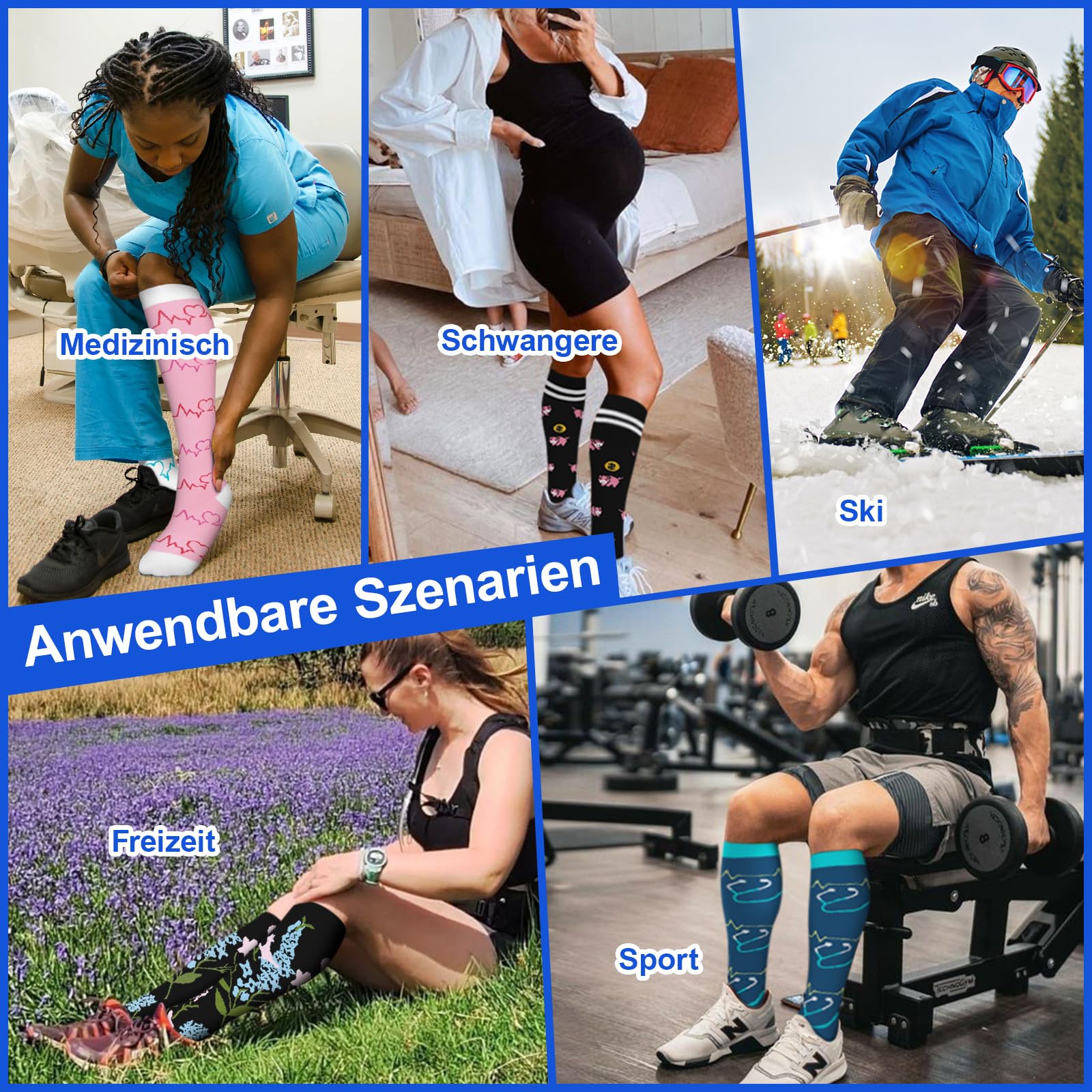 6 Paar Kompressionsstrümpfe für Damen und Herren, Bunte Kompressionssocken Stützstrümpfe für Laufen, Sport, Flug, Reise, Radfahren.04-multi-6 Paar L/XL