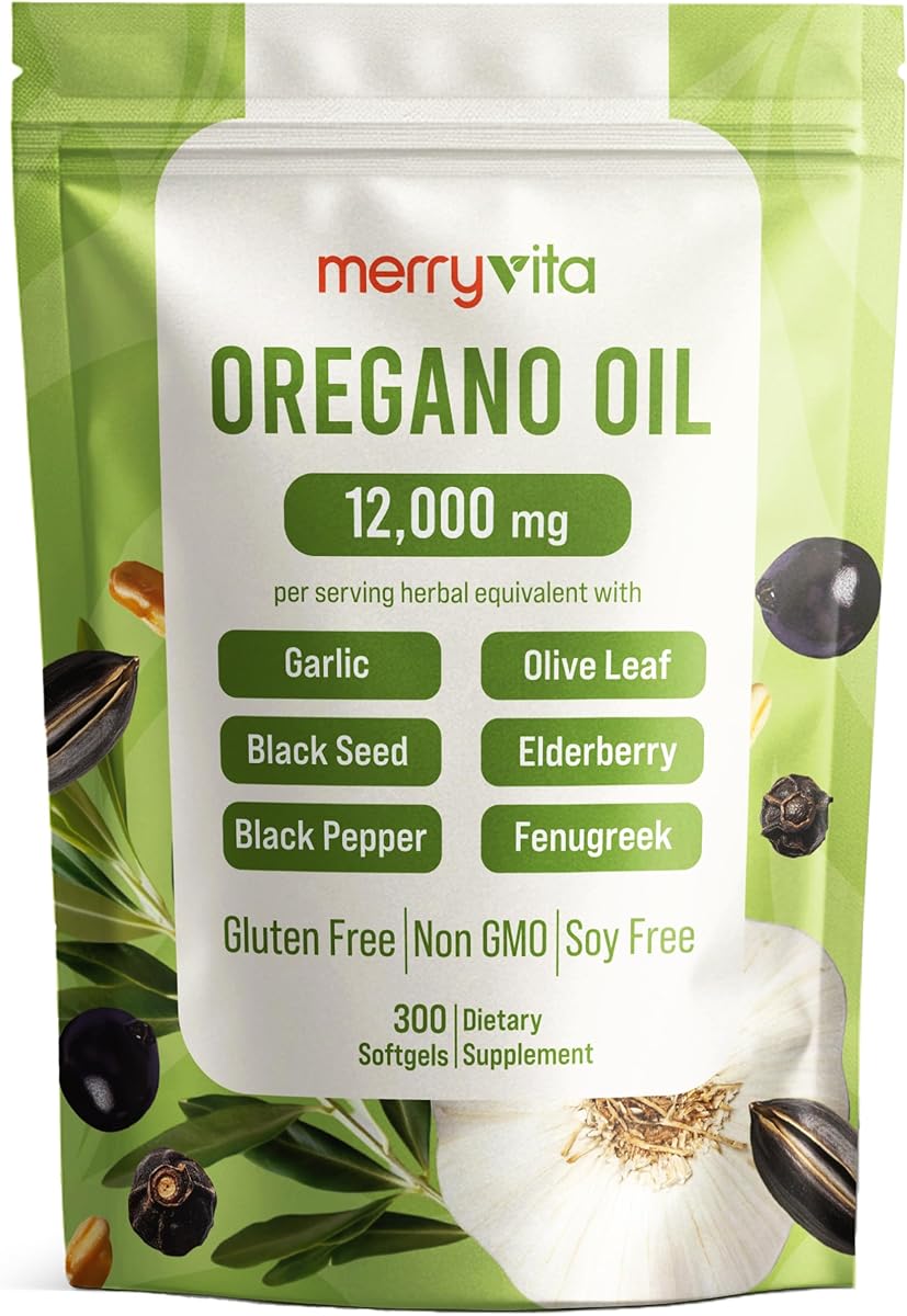 MERRY VITA Oil of Oregano with Black Seed Oil– 12,000mg Oregano Oil Capsules Organic, High Carvacrol – Aceite de Orégano Cápsulas, Immune Support Supplement – Non-GMO - 300 Softgels