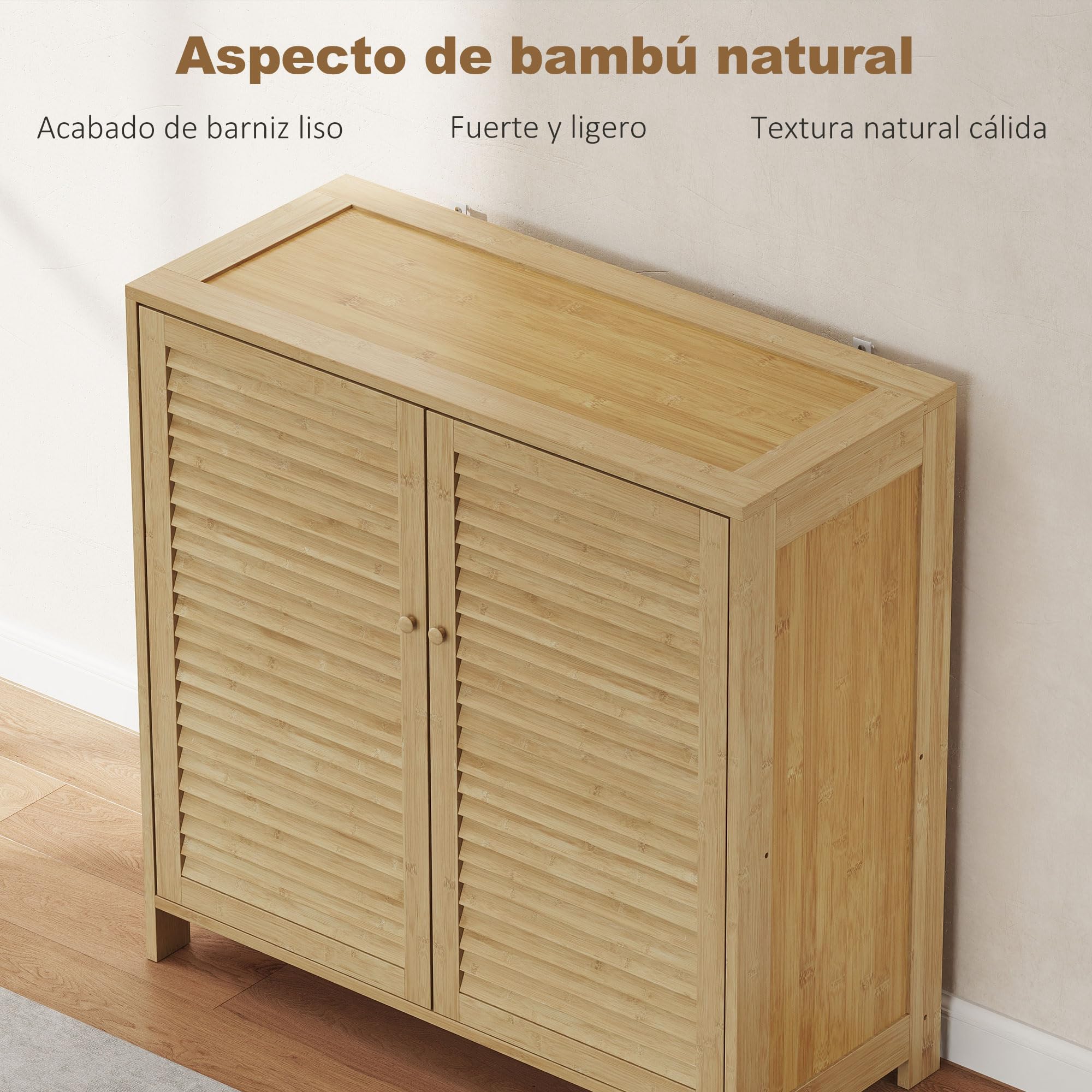 HOMCOM Mueble Zapatero de Bambú, Armario para Zapatos con Puertas de Persiana, Estantes Ajustables, para 14 Pares de Zapatos, Zapatero para Pasillo Recibidor, 80x35x80 cm, Natural