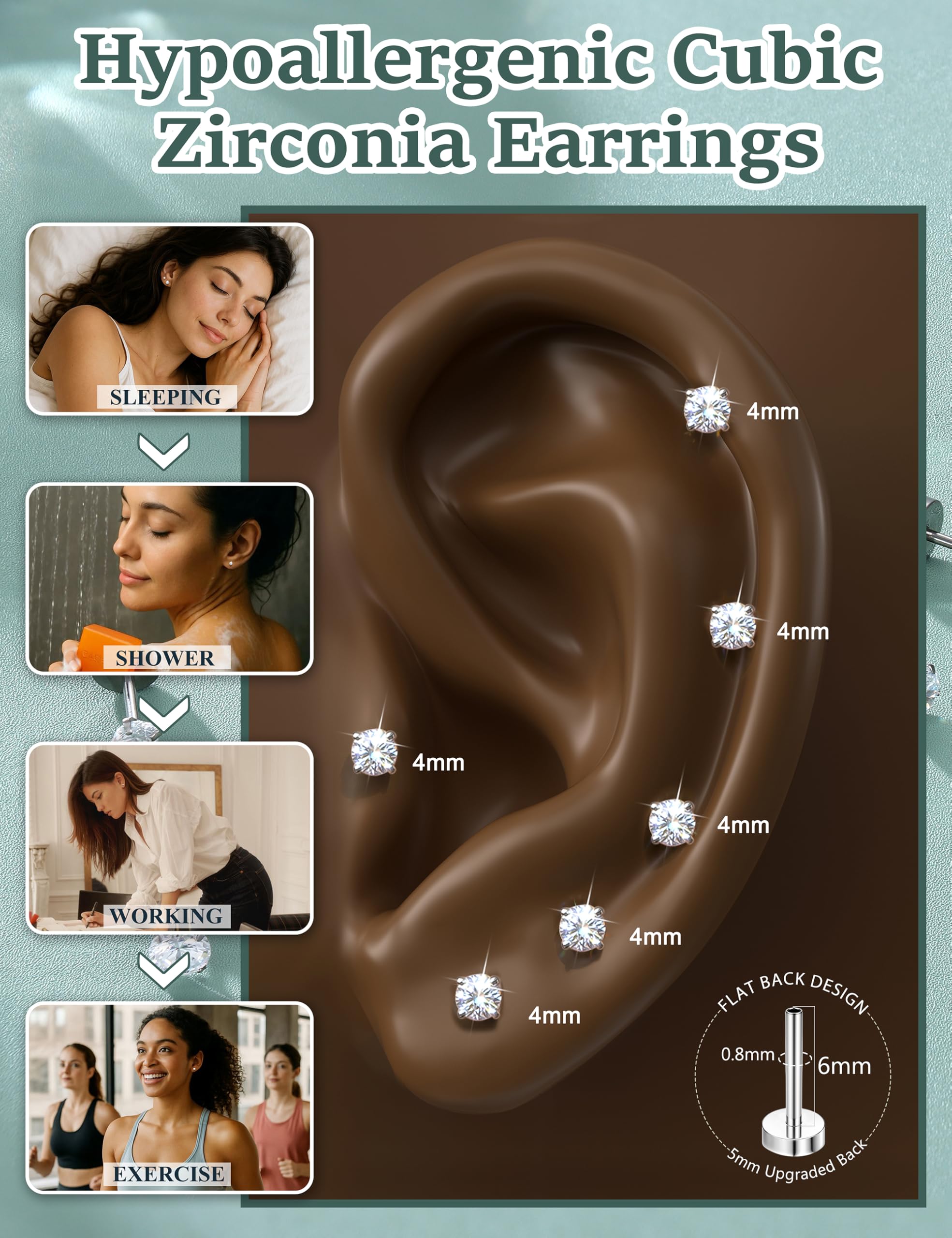 Diamday 6 paia di orecchini a cartilagine 20G per donne uomini ragazze 2-5mm Flat Back Earring Set 316L acciaio chirurgico Tragus CZ Small Helix Piercing Gioielli Ipoallergenici