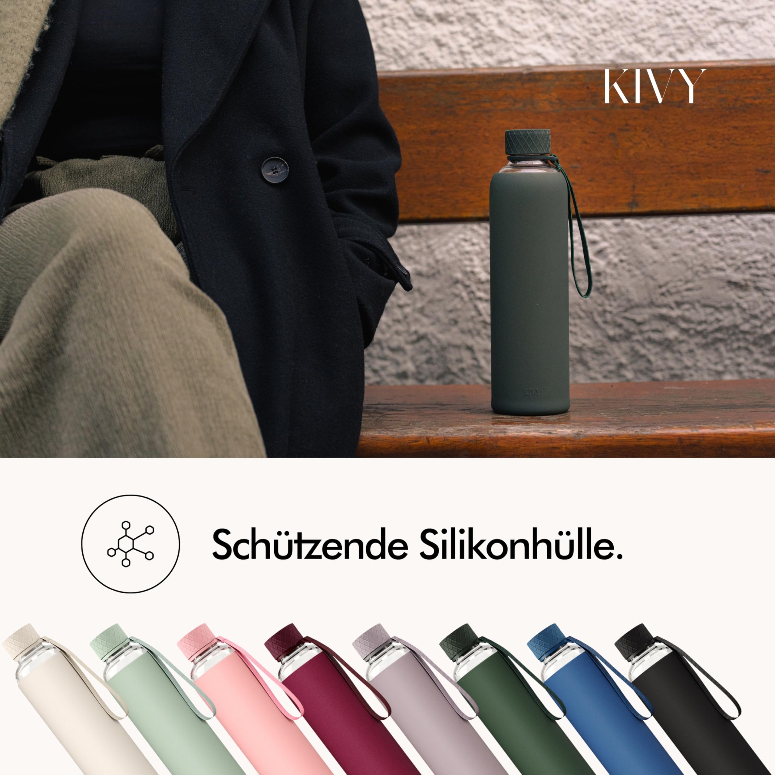 KIVY Glas Trinkflasche 1l mit Silikonschutz [KOHLENSÄURE GEEIGNET] Glasflasche 1 Liter - Wasserflasche 1l mit Messskala - Schlanke Glas Wasserflasche Ästhetisch - Auslaufsicher & Spülmaschinenfest