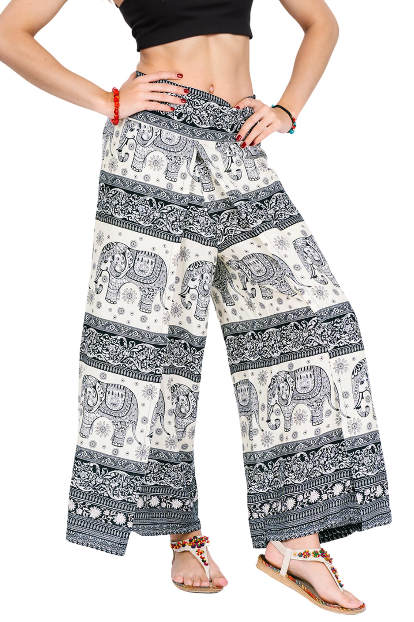 Your Cozy Women's White Elephants Wrap Pants For – Bohemian Elephant Split Leg Harem Pants High Waist Lightweight Palazzo Hippie Festival Lounge Trousers (White Elephants_l)