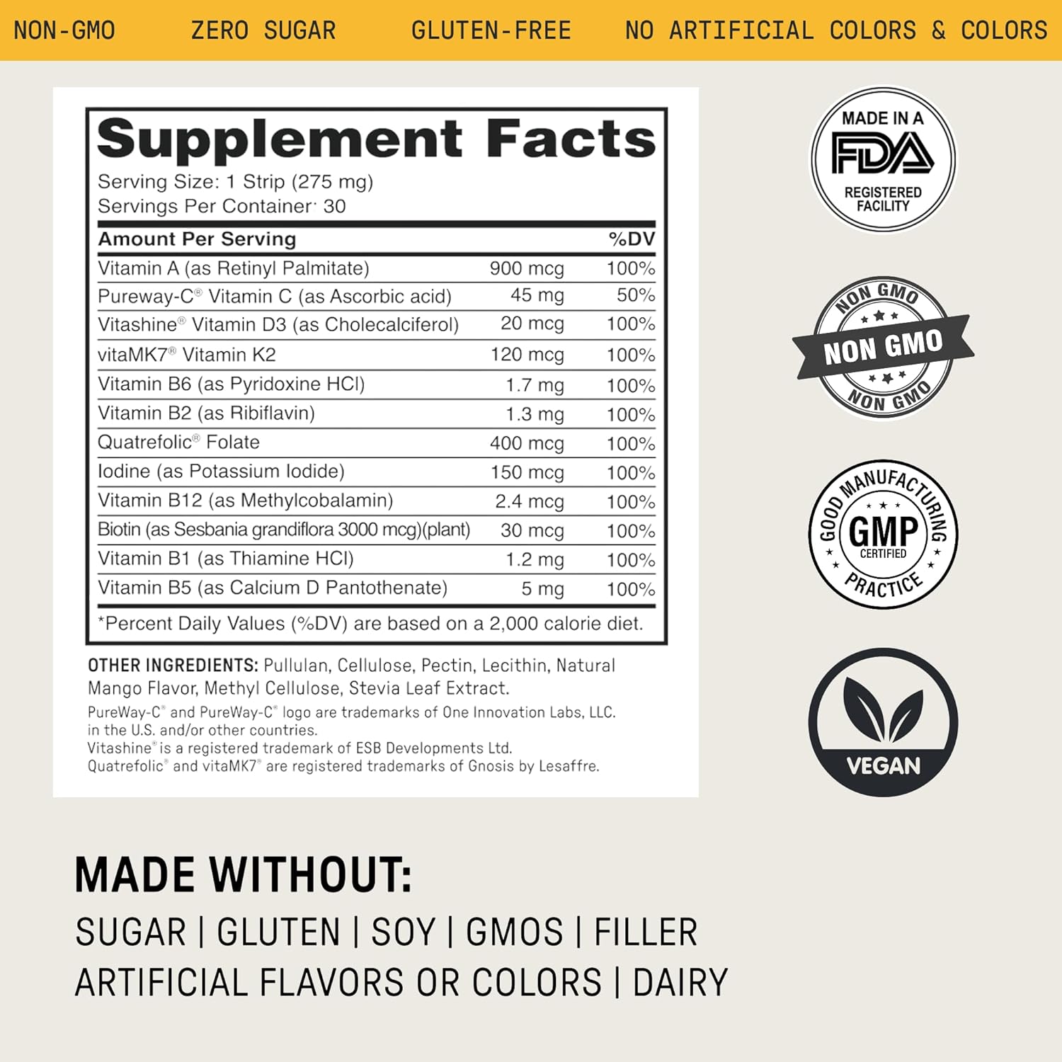 Meche Multivitamin for Women and Men Strip Supplements - Vitamins A, C, D, B6, Methylated B12, Folate, Biotin - Beauty, Energy, Immune Support - Sugar Free, Faster Than Vitamin Gummies (30 Strips)