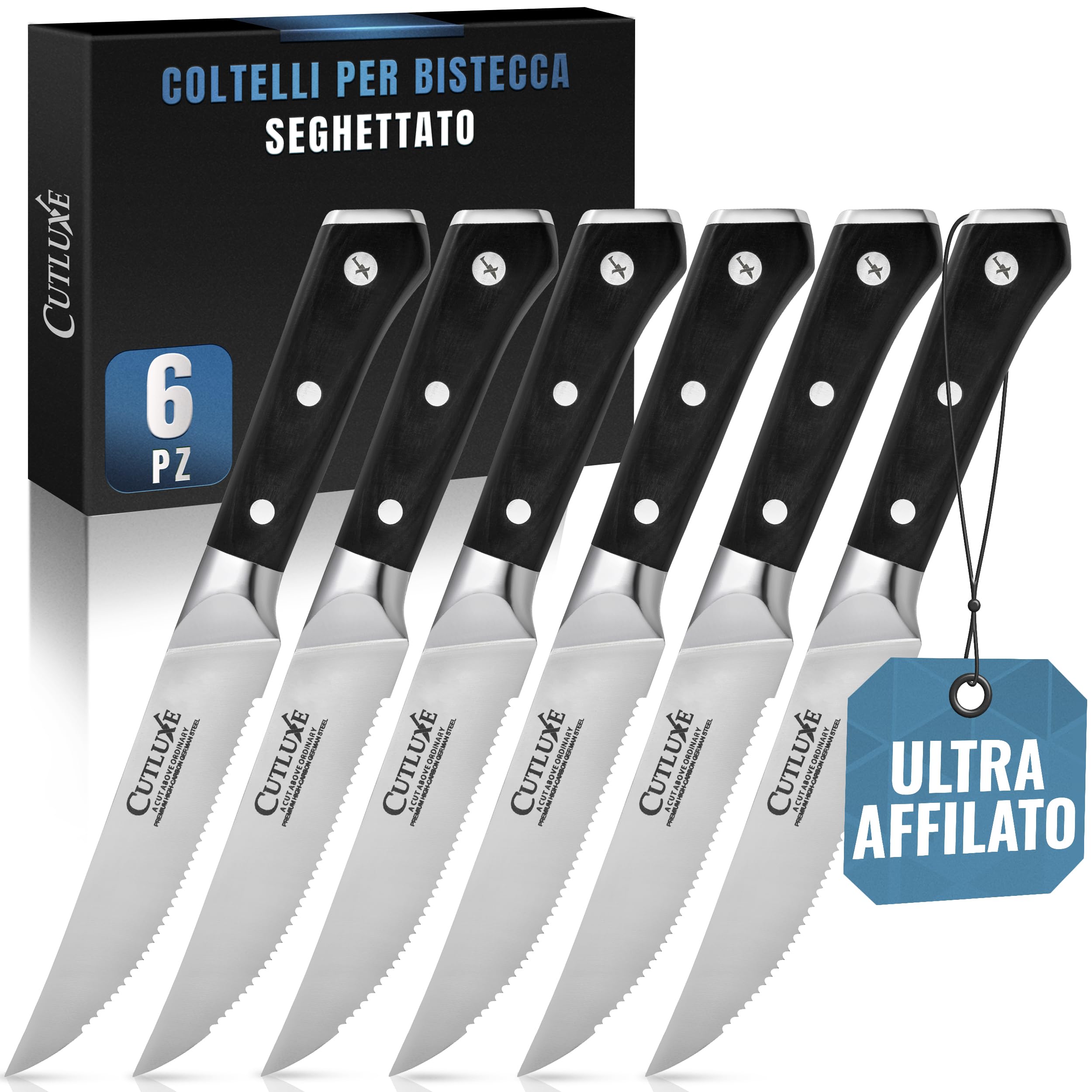 Cutluxe Set Coltelli Da Tavola – Coltelli da Bistecca Seghettati, 6 Pezzi – Coltelli Carne in Acciaio Tedesco al Carbonio, Lama Intera, Manico Ergonomico – Serie Artigianale