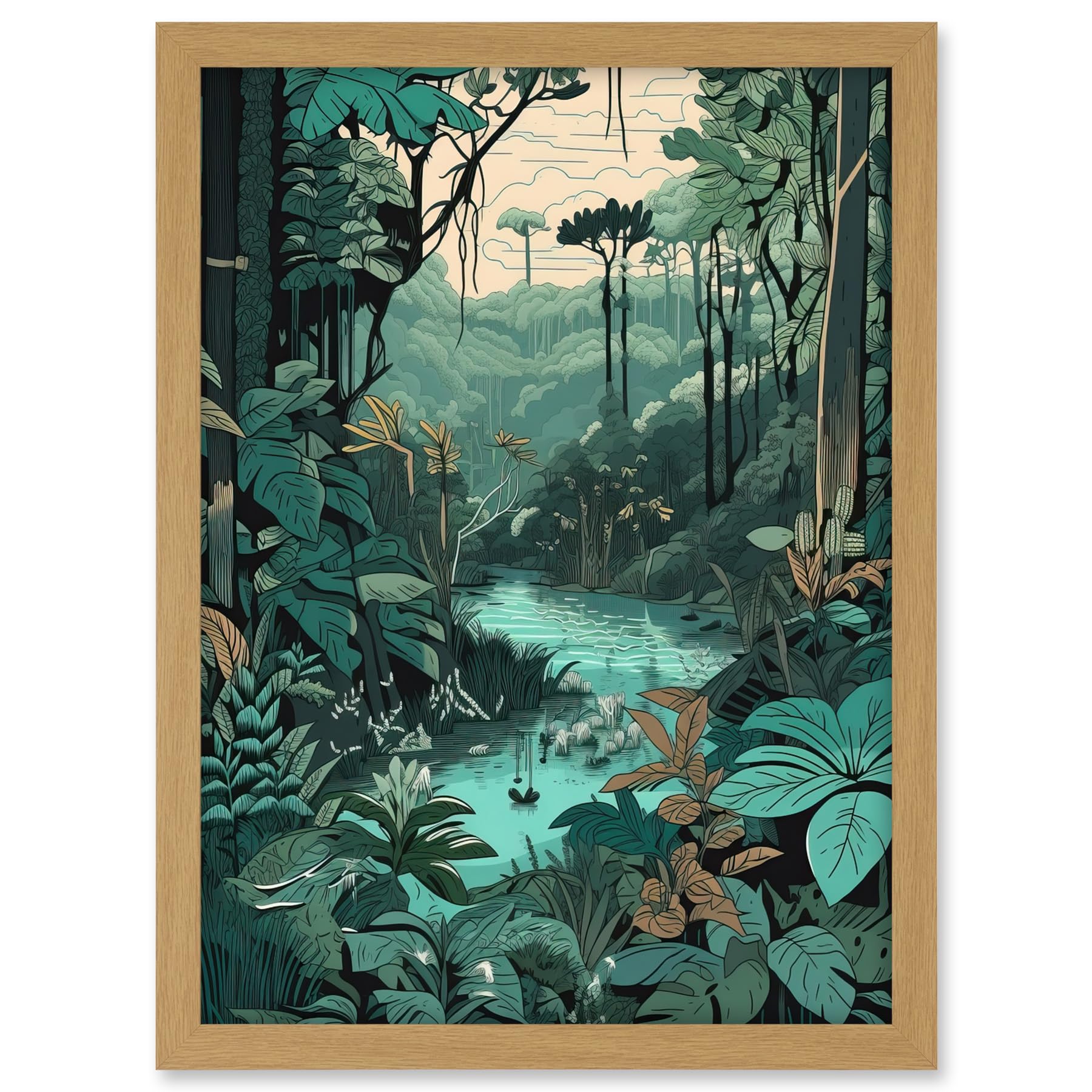 Artery8 Amazon Rainforest Flora Landscape Illustration Artwork Framed A3 Wall Art Print