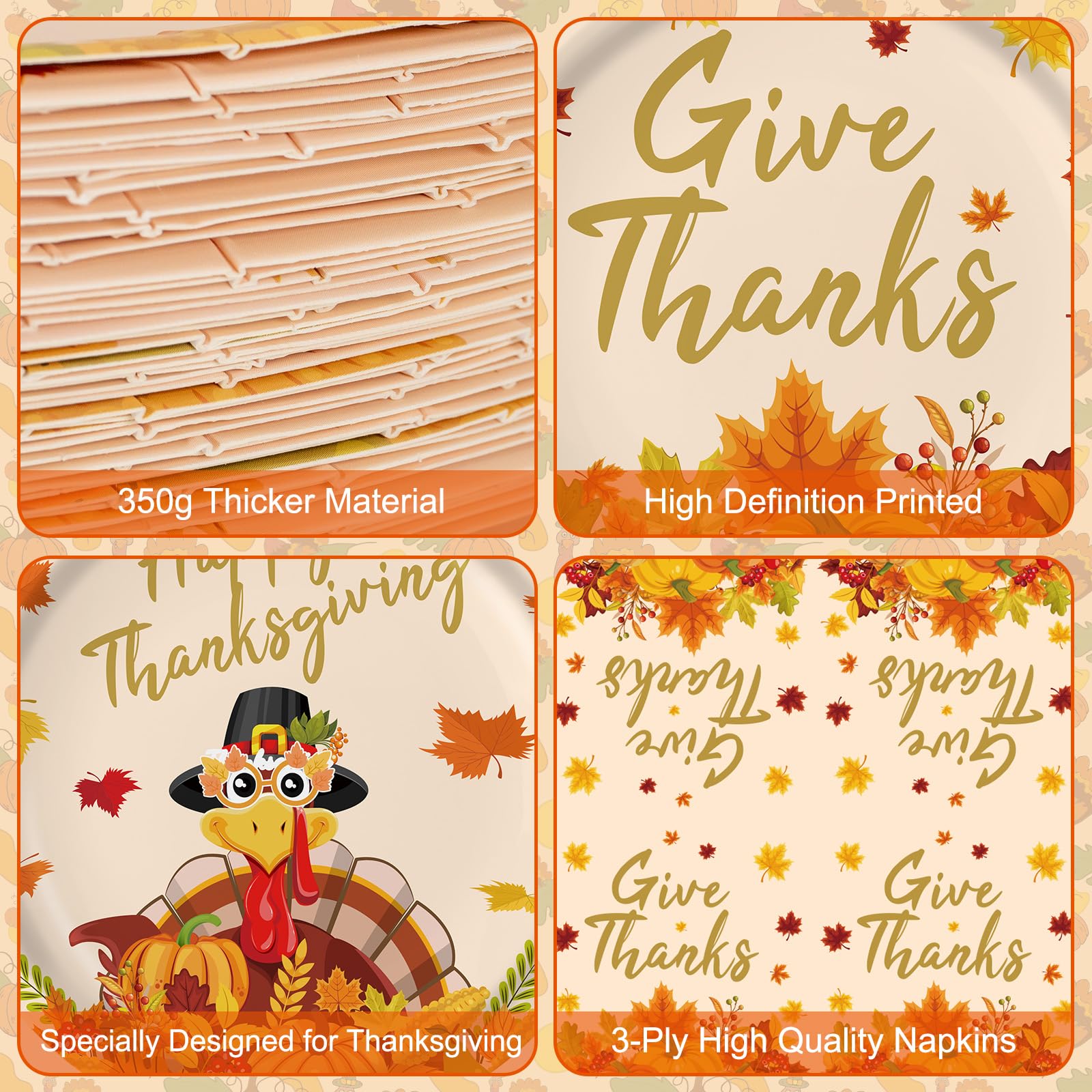 Juego de 150 platos y servilletas de Acción de Gracias – Vajilla redonda de Acción de Gracias, pavo de otoño desechable, platos de postre, vajilla para suministros de fiesta de Acción de Gracias,