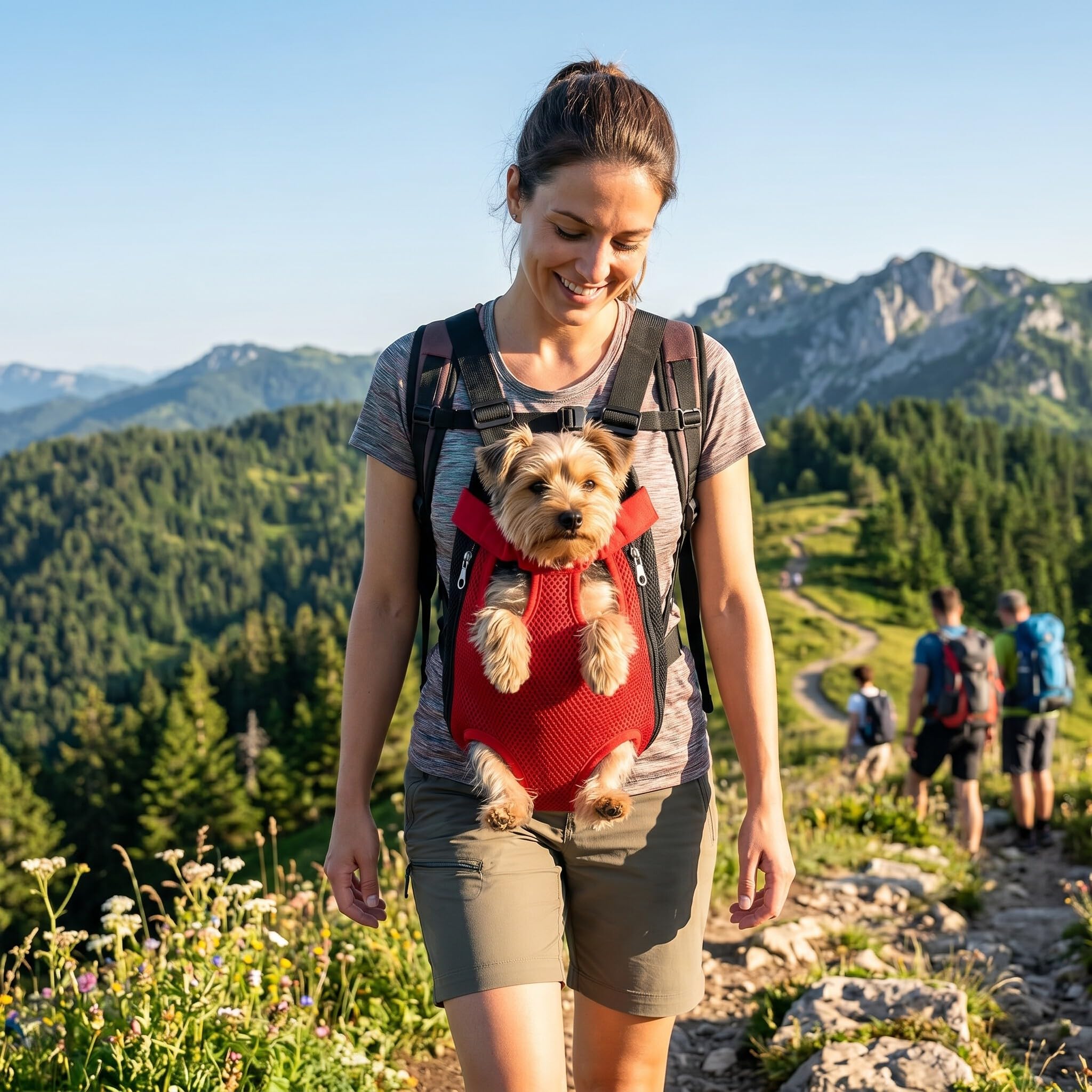Haustiertrage Rucksack Hundetrage Brusttasche Freihändige Brusttrage Vierbeinige Rucksacktasche für Kleine Mittelgroße Hunde und Katzen Wandern Outdoor Reisen(S rot)