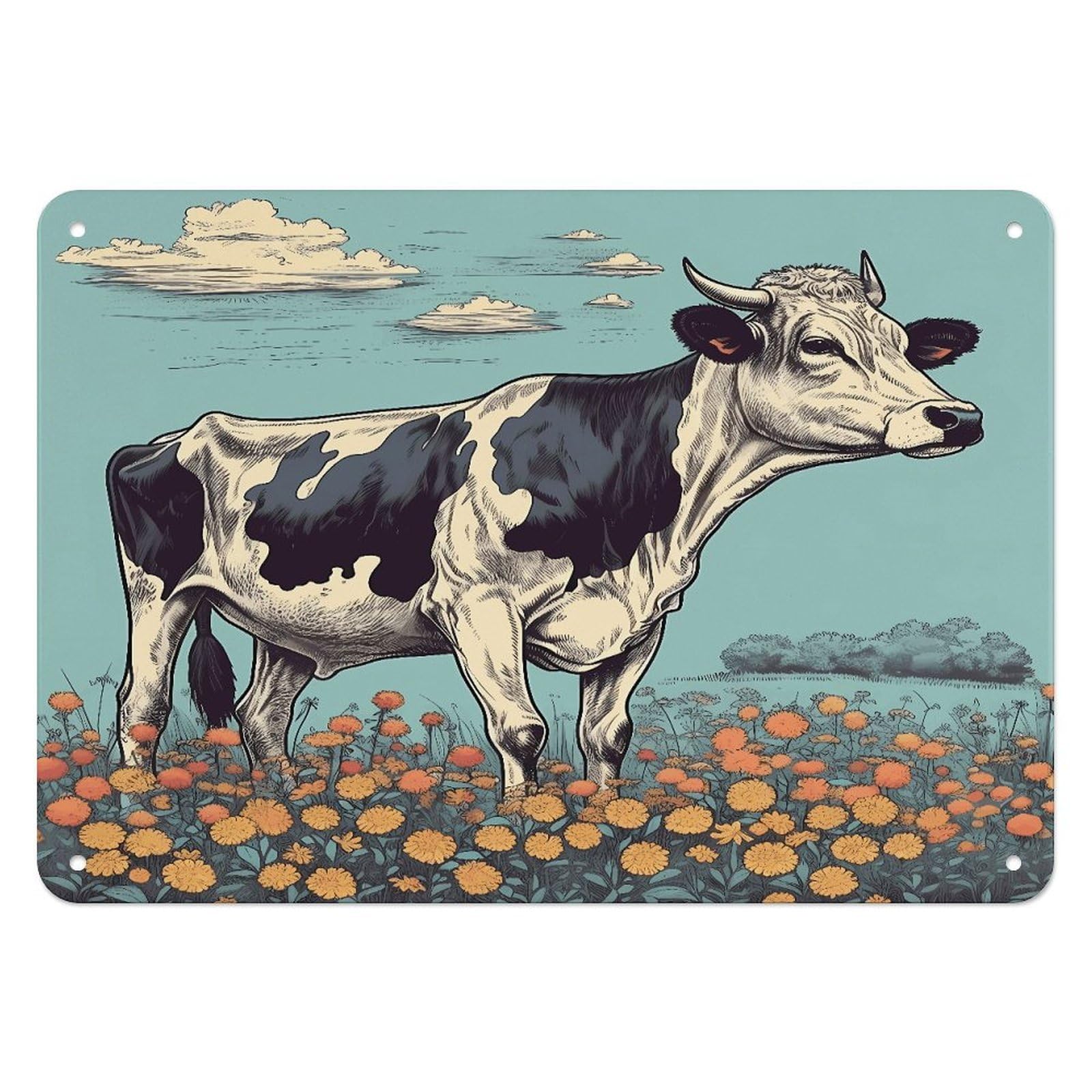 Btcowzrv Style Hand Drawn Cow Metal Sign, 5.5" X 7.9" Tin Wall Decor, Wall Art Plaques For Home Wedding Decor Room Living Room Decoration