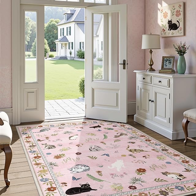AIMPEAK Pink Area Rugs 3x5 Small Thin Entryway Rug - Vintage Boho Cat Animal Washable Non-Slip Living Room Carpet Soft Low Pile Bedroom Floor Mat Indoor for Nursery Girls Room Playroom, Pink Multi