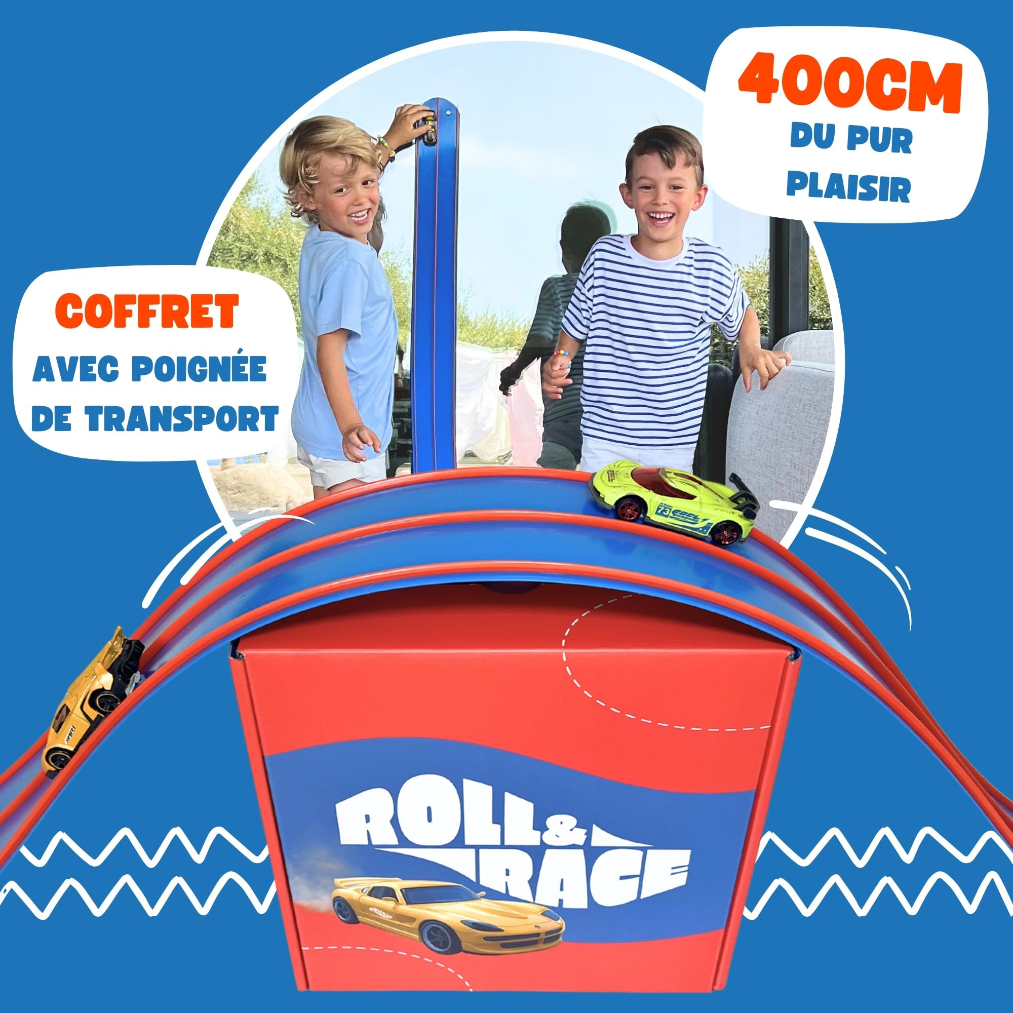 RollAndRace Circuit Voiture Flexible 400 cm - Made in Europe - Flexible Car Track - Piste de Voitures Enroulable - Circuit Cars - Cadeau Garcon - Jeu Enfant - Race Car Wheels