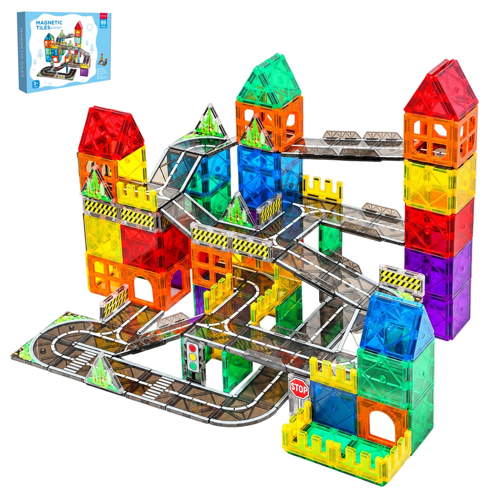 Magnetic Tiles Road Set, 89 PCS Magnetic Building Blocks with Roads | Bridges & Ramps, STEM City Building Toys for Kids Ages 3-8, Educational Construction Magnet Toys, Gifts for Boys Girls