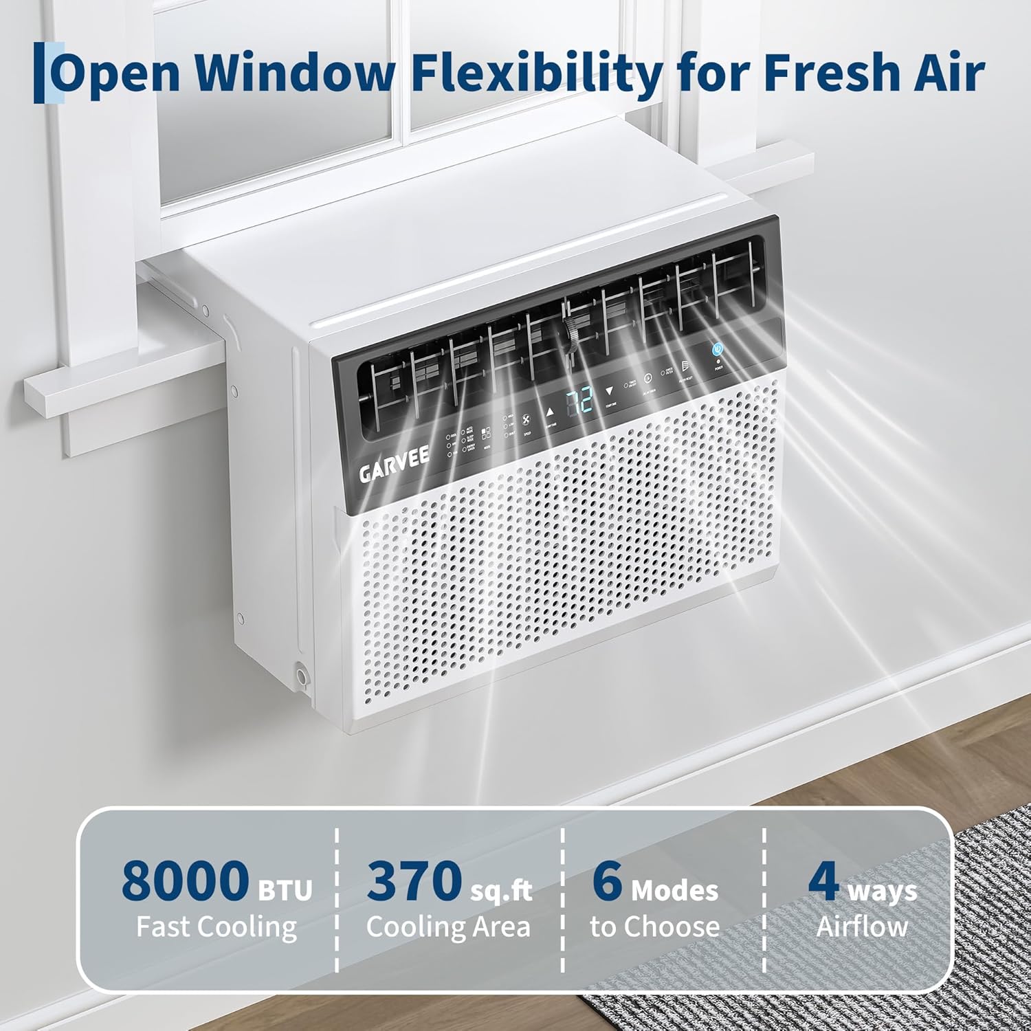 Garvee 8000 BTU u-Shaped Window Air Conditioner, Cools 350 Sq ft, Ultra Quiet with Open Window Flexibility, Remote Control, Ideal for Bedroom & Living Room