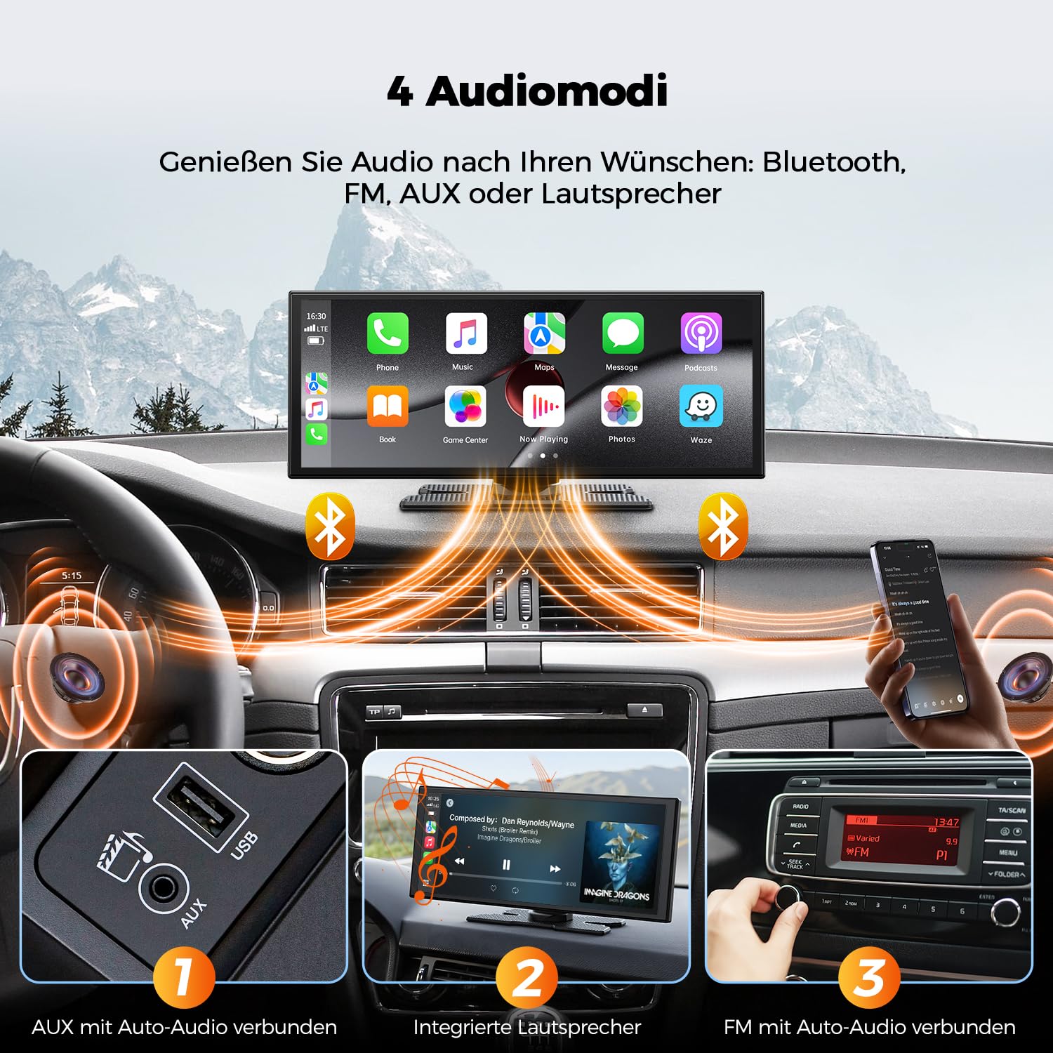 Écran Voiture 10,25 Pouces Carplay sans Fil avec Caméra de Conduite 2,5K + 1080P Compatible AppIe Carplay et Android Carplay Portable Autoradio Assistant Navigation 64GB TF Mirrorlink Bluetooth AUX