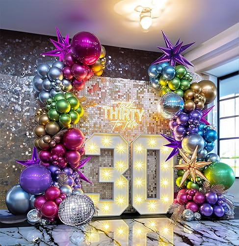 Kit de guirnalda de globos metálicos, 150 unidades, color rosa intenso, morado, verde, azul, plateado, dorado, látex, estrella de los años 80 y 90,