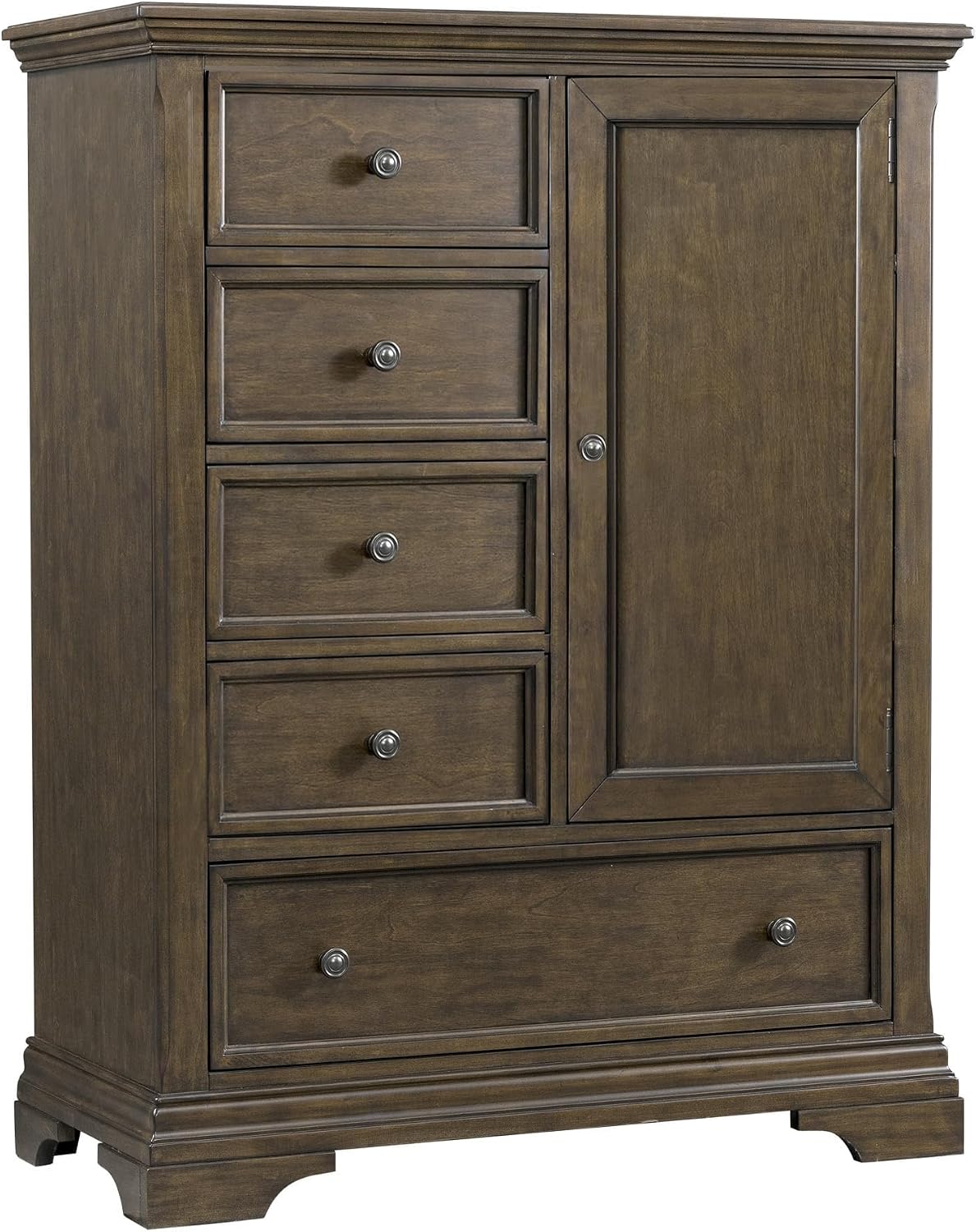 Pemberly Row Contemporary Wood Chifferobe, 42" W x 19" D x 54.5" H, Rosewood Finish, 5 Drawers, Space-Saving Wardrobe Storage, Hanging Space and Drawer Combination for Bedroom Organization