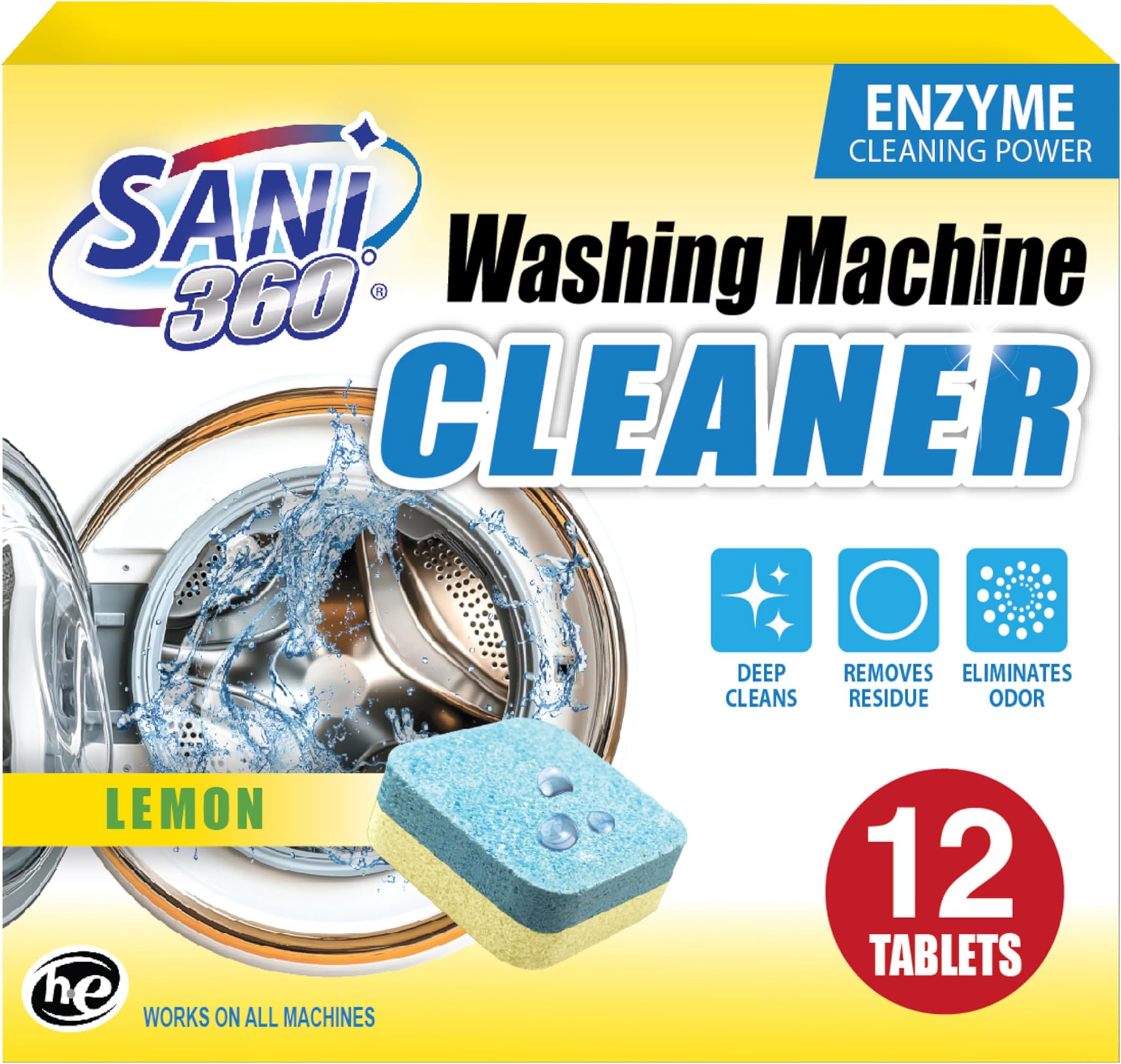 Washing Machine Cleaning tablets, 12 pack is Formulated with Enzyme, Deep Cleans and Deodorizes Front and Top Loading Washers use up to 1 year supply Lemon Scent
