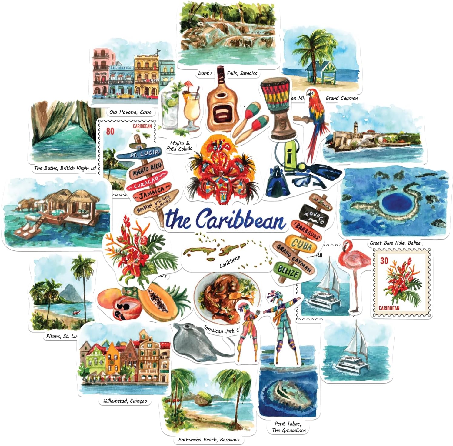 Navy Peony Caribbean Paradise Statement Stickers - Hand-Illustrated Watercolor, Glossy, Waterproof - for Luggage, Laptops, Water Bottles (31 Pcs)