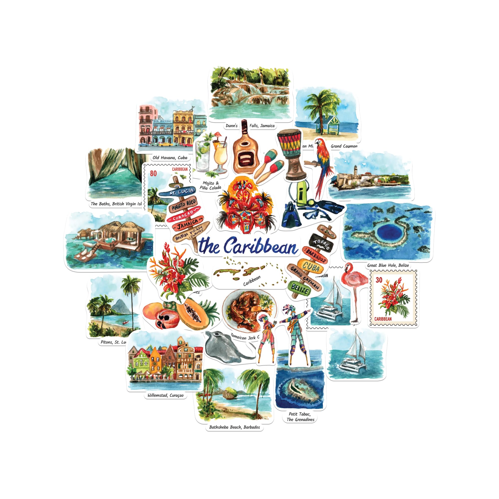 Navy Peony Caribbean Paradise Statement Stickers - Hand-Illustrated Watercolour, Glossy, Waterproof - for Suitcases, Laptops, Water Bottles (31-Piece Set)