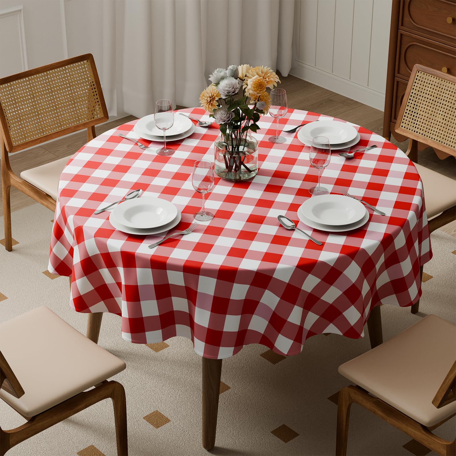Kmhesvi Red Gingham Tablecloth Wipe Clean 140cm Round Checkered Tablecloth，Water Resistant Table Cloth, Dining Table Cover for Kitchen Outdoor Garden Table, 55.1 inch