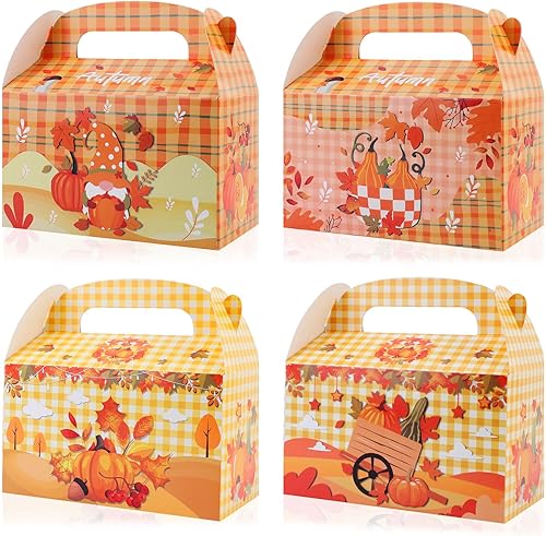 HOWAF 12 cajas de regalo para fiesta de otoño, cajas de regalo a cuadros con hojas de arce, diseño de gnomo de calabaza para suministros de fiesta