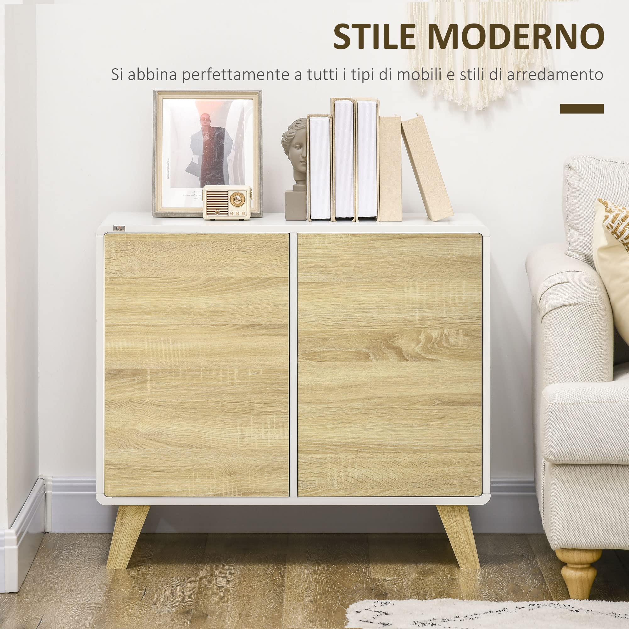 HOMCOM Mobile Multiuso con 2 Ante, Mobile Multiuso con Ante a Pressione e Mensole Regolabili, Mobiletto Salotto e Camera in Legno, 80x40x70cm, Bianco e Quercia