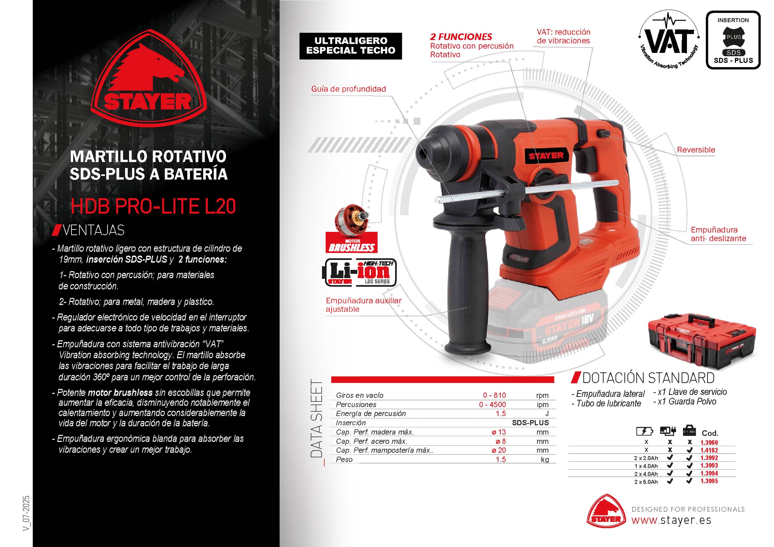 STAYER Martello rotante professionale a batteria 18 V con motore BRUSHLESS, HDB PRO-LITE L2024. Include 2 batterie 4Ah. + Caricabatterie