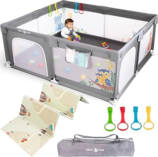 Playpen for Babies and Toddlers with Mat, Extra Large 71x59 Kids Play Pens for Indoor Area with 71 x 59 Foldable Foam Mat and Pull Up Rings, Floor Baby Play Yard for Toddler 1-3, 26-in Fence with Gate