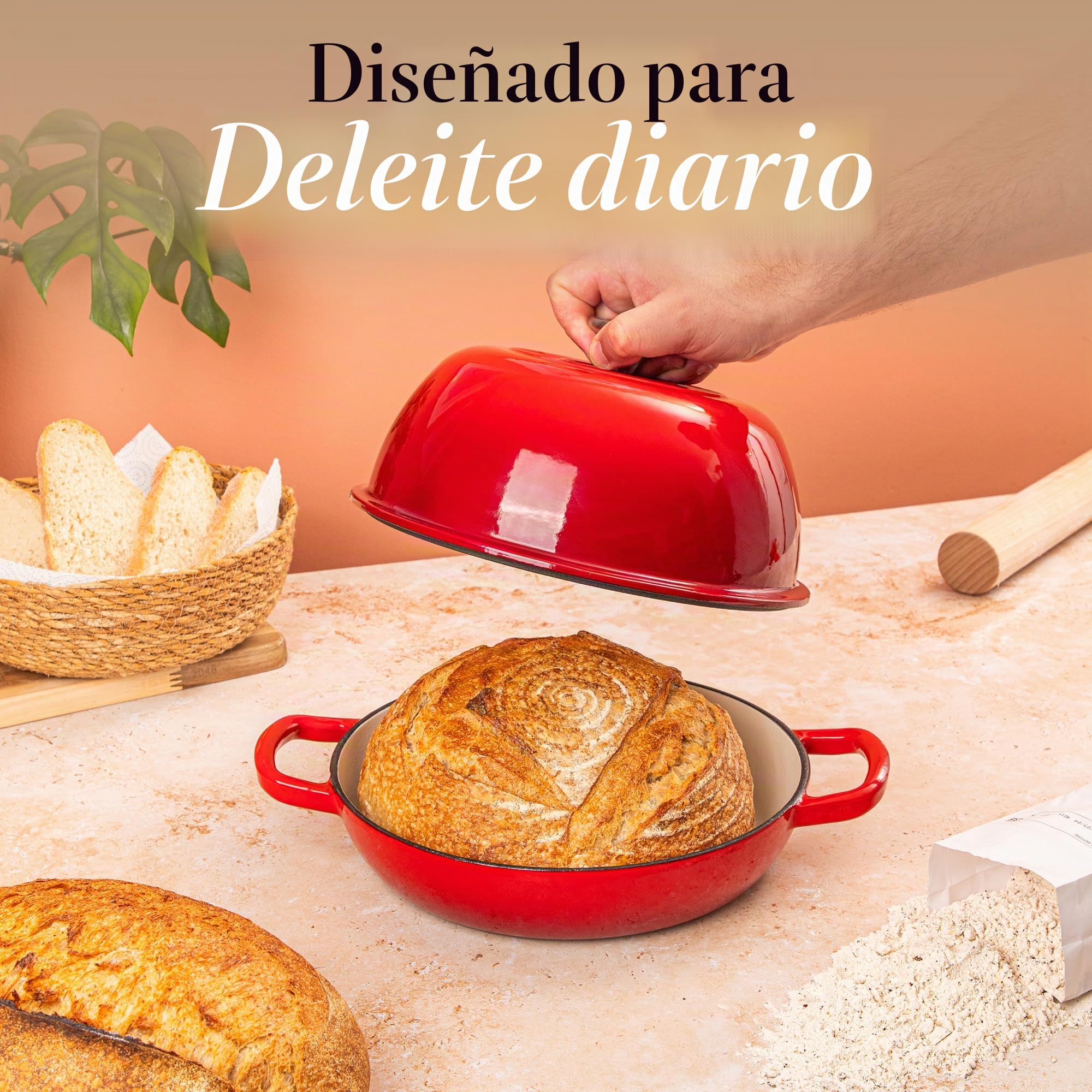 Olla Holandesa de Hierro Fundido Esmaltado – Cazuela para Hornear Pan de Masa Madre – Olla de Pan – Rojo, 5.7L, 22cm – by Nuovva