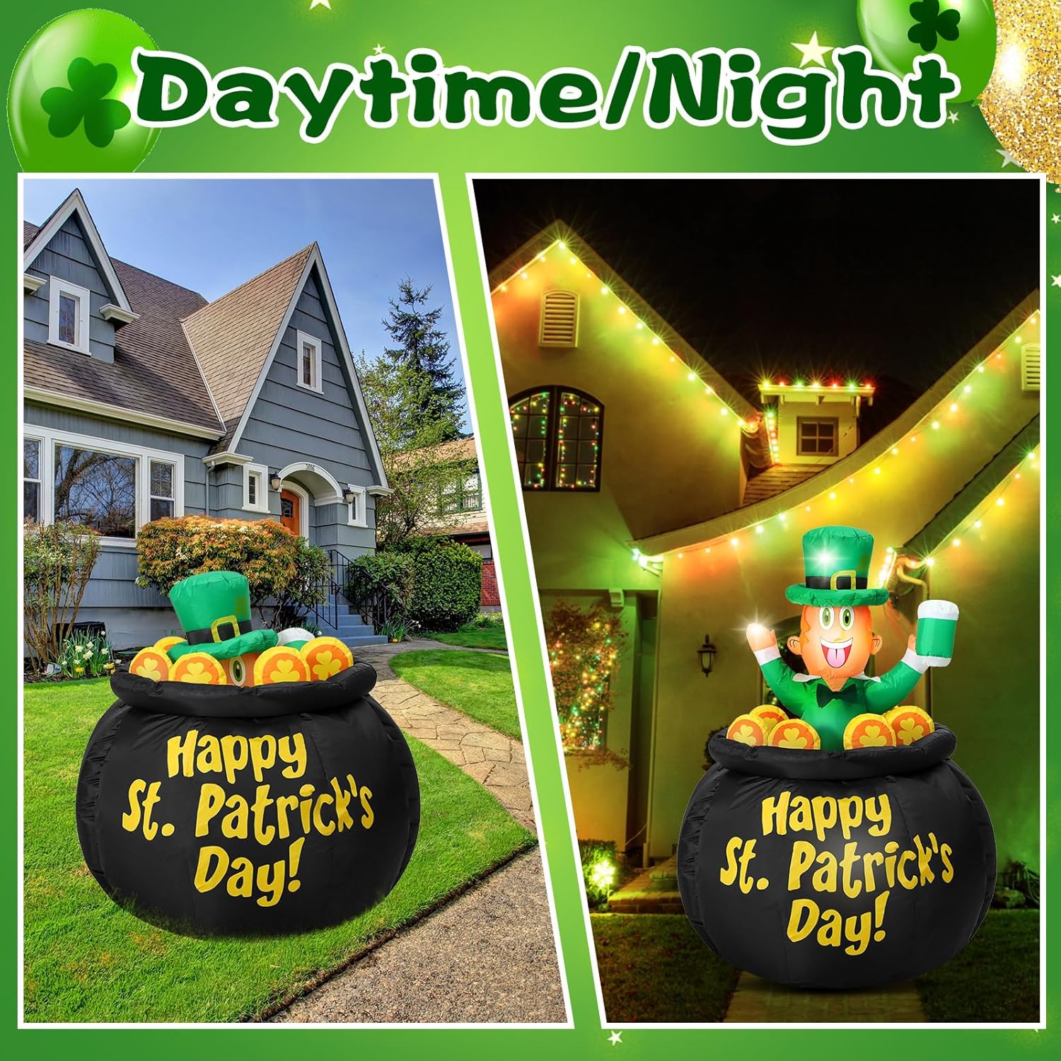 Leyndo 4FT Rises up Down St Patrick's Day Inflatable Outdoor Decorations Inflatable Leprechaun in Pot of Gold with Lights Blow up Lawn Decor for Party St Patrick's Day Holiday Yard Decoration