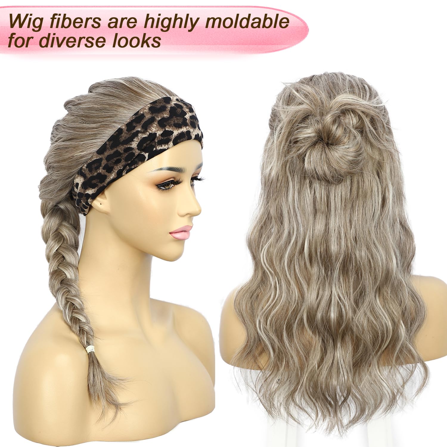Sapphirewigs Headband Wig Grey Wavy Synthetic Headband Wigs for Women Body Wave Glueless Short Hair Daily Wear Date Party Halloween Christmas 20 inch - Image 4