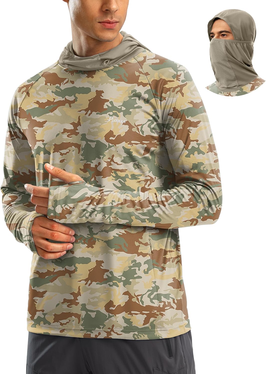 Pudolla Men's Sun Protection Hoodie UPF 50+ Fishing Hiking Shirt UV Shirts with Mask for Men Long Sleeve Lightweight