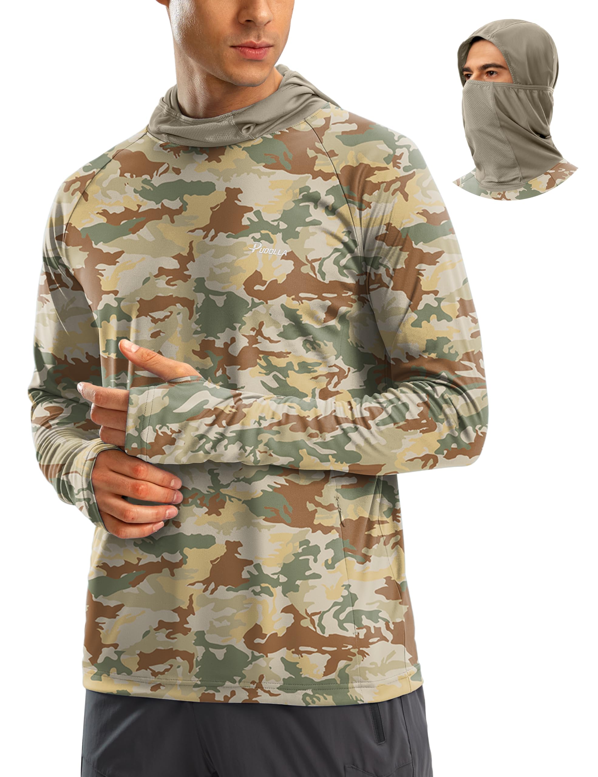 Pudolla Men's Sun Protection Hoodie UPF 50+ Fishing Hiking Shirt UV Shirts with Mask for Men Long Sleeve Lightweight