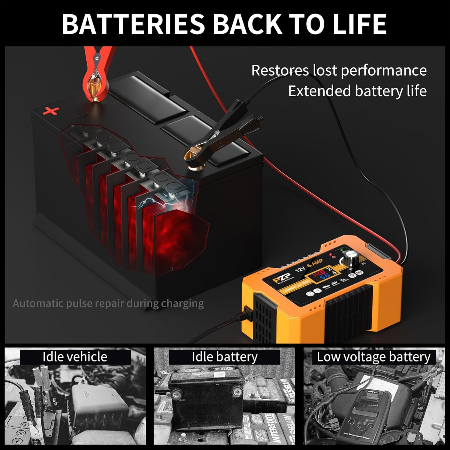PZ.P 12V Automatic Car Battery Charger Maintainer, 0 to 6A Smart Arbitrarily Adjustable Battery Trickle Charger, Battery Desulfator with Repair, Winter Mode, Suitable for AGM GEL Deep Cycle Lawn Mower