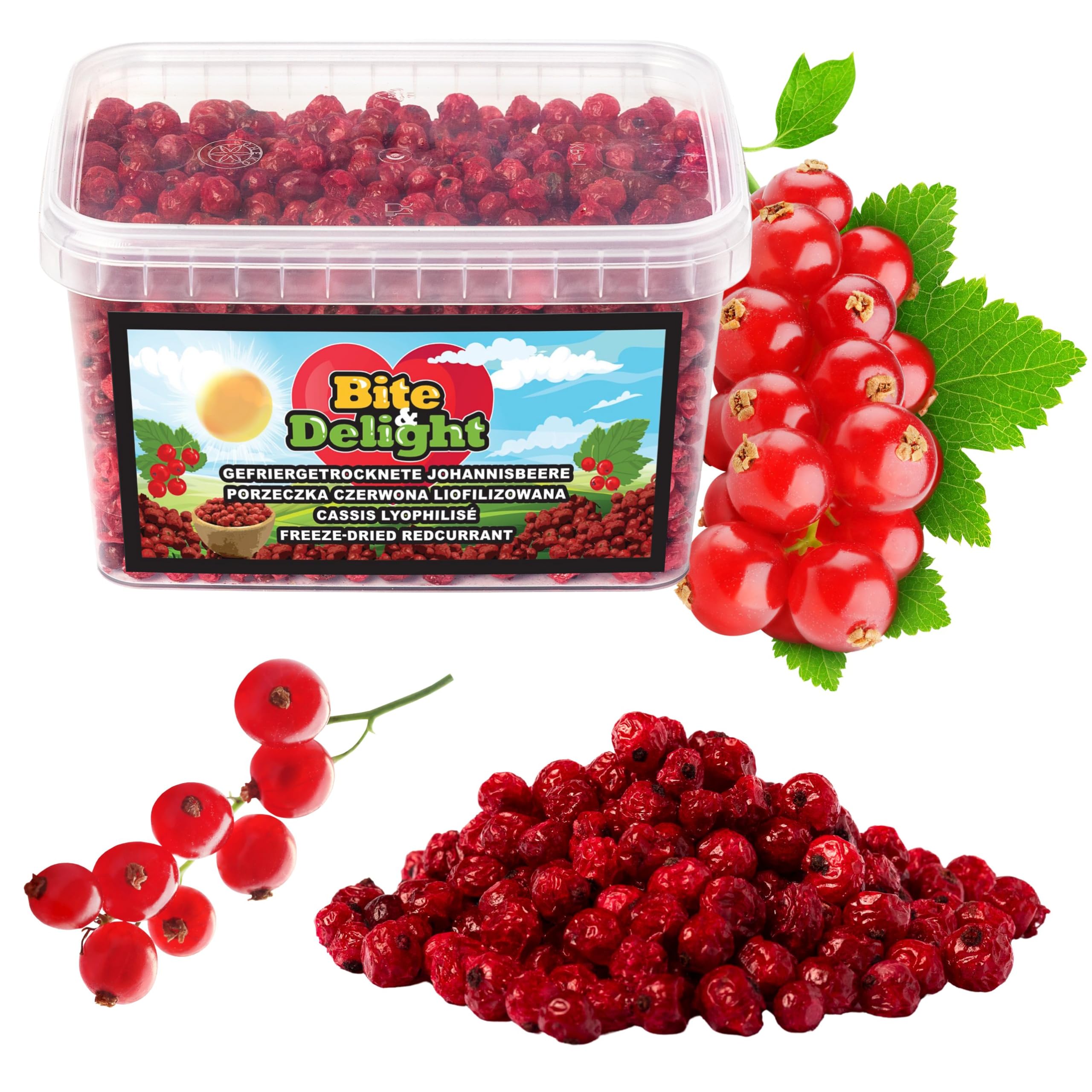 Bite & Delight 200g Grosellas Rojas Liofilizadas Ácidas y Crujientes – Snack Saludable Sin Azúcar Añadido, Fruta Liofilizada Natural