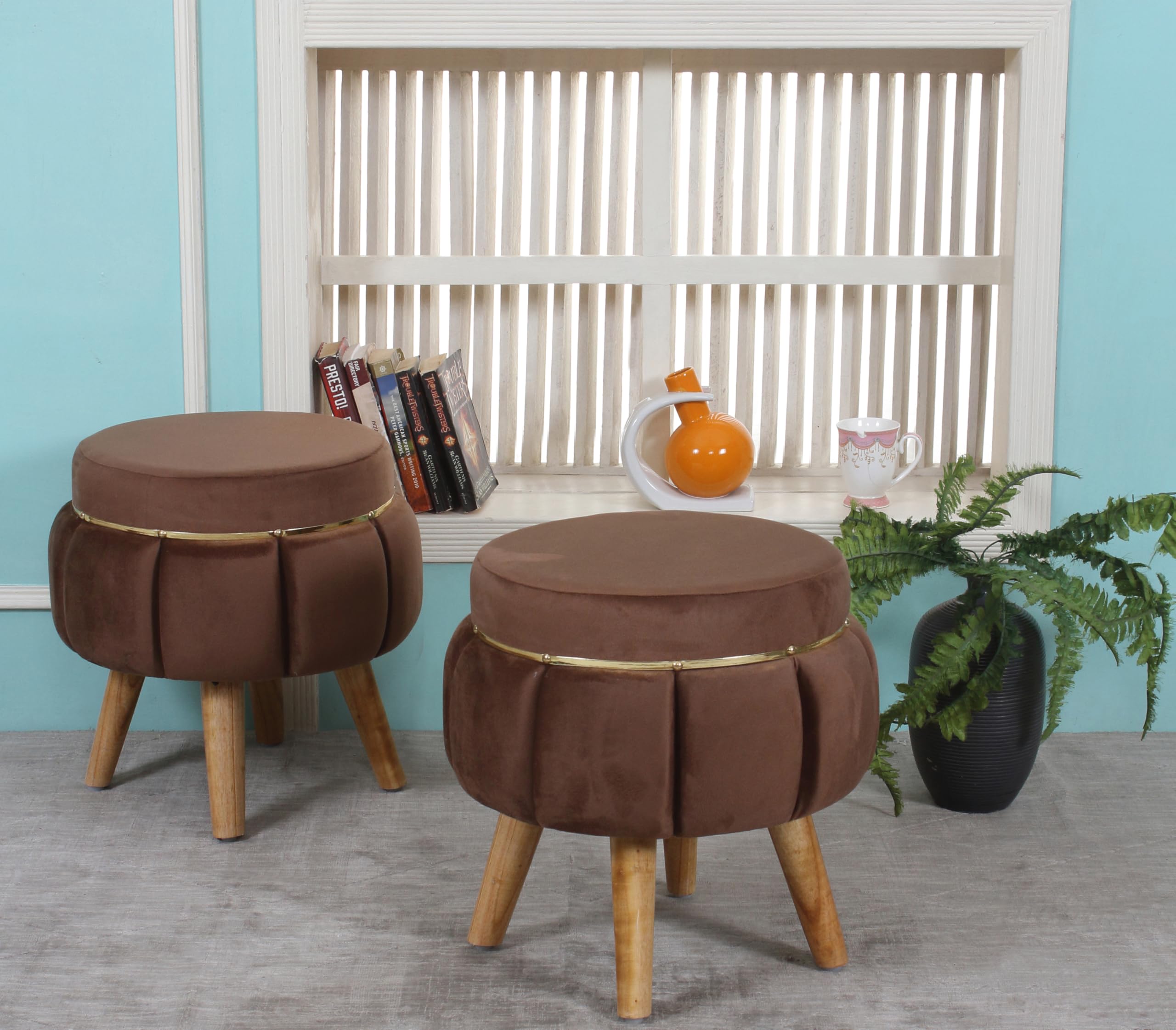 Ottoman Pouffes Sitting Mudda Puffy Wooden Leg Stool for Living Room Dressing Table Pouf Round Footstool for Home Decor, Holland Velvet, 16x16x18 Inch, Combo-image-30